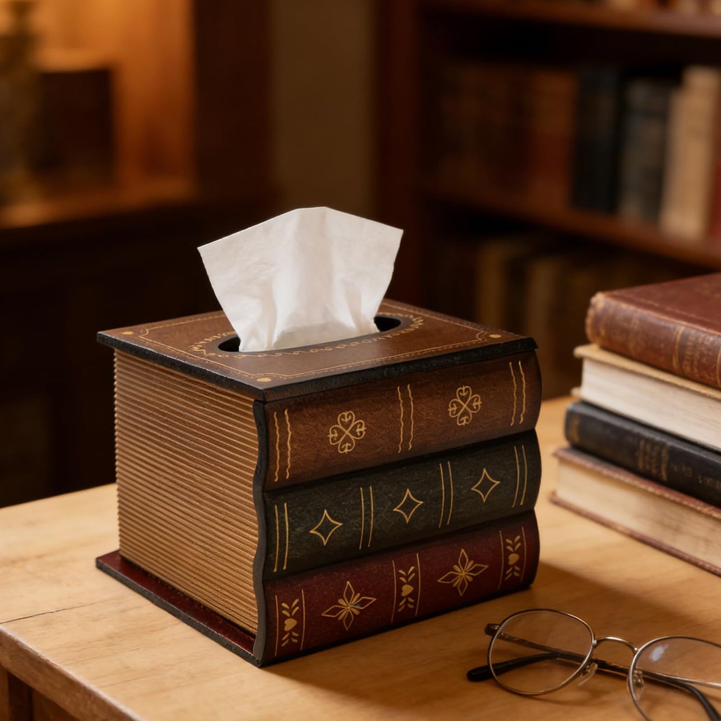 Crafted Classical Retro Wooden Antique Book Tissue Box Cover Square Tissue Holder Dispenser Paper Case Napkin Holder Home Decor for Bathroom Living Room Office Kitchen Car Farmhouse