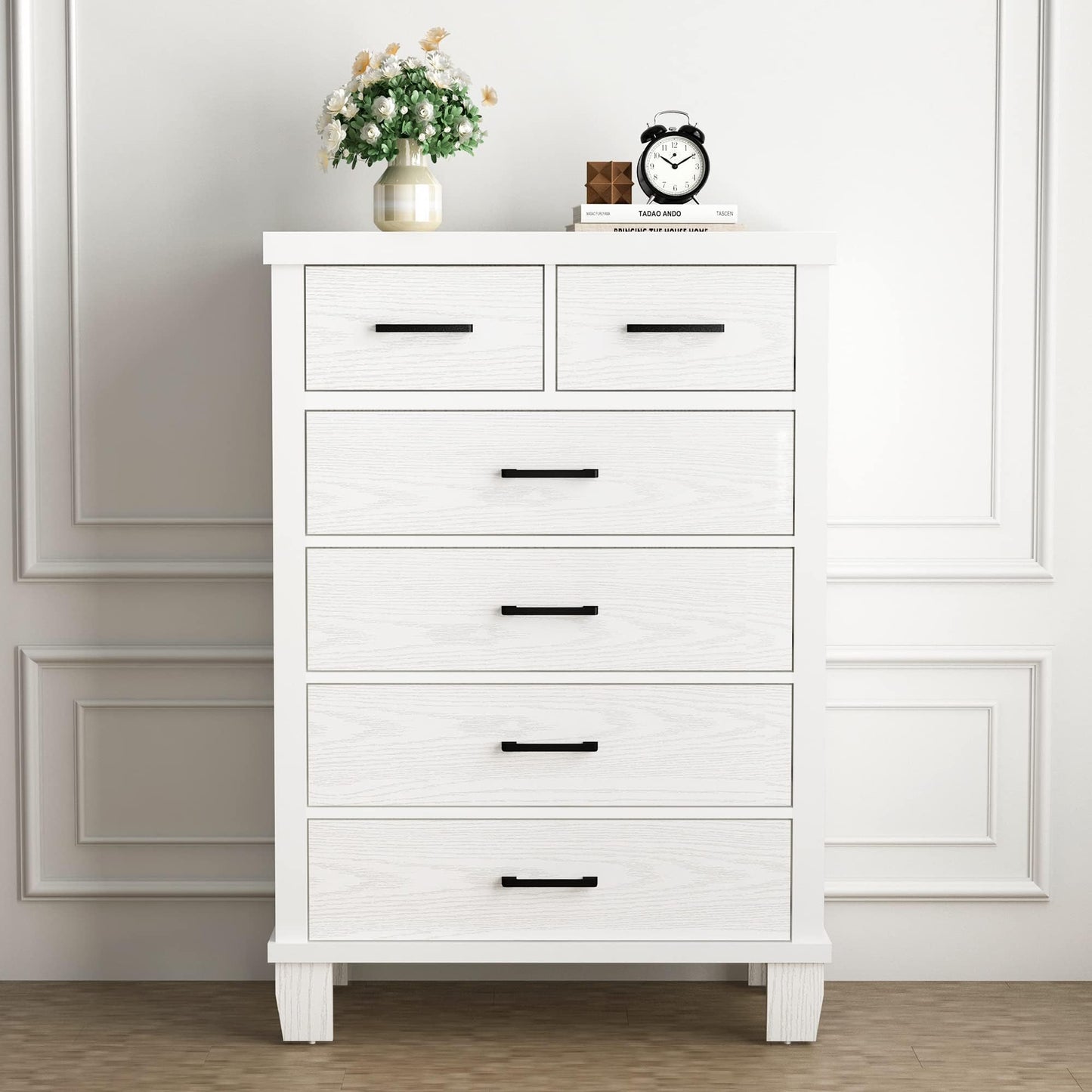IDEALHOUSE Dresser for Bedroom with 6 Drawers, 45" Tall White Chests of Drawers with Storage, Wooden Dresser for Closet, for Bedroom, Living Room, Entryway