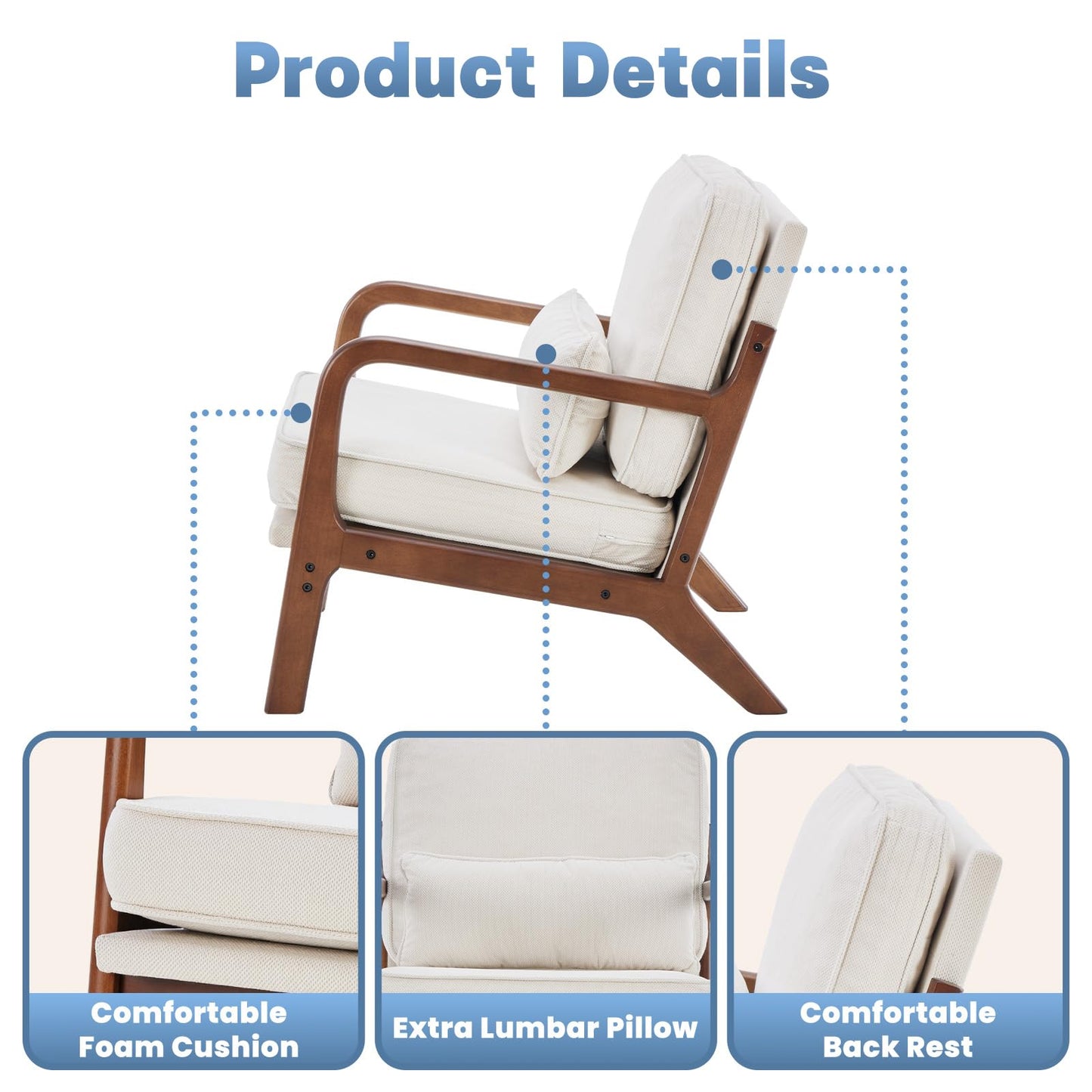 DUMOS Mid Century Modern Accent Chairs Set of 2, Armchair with Lumbar Pillow and Waist Cushion, Solid Wood Frame Lounge Chair for Living Room, Bedroom, Reading Nook, Small Apartment Corner, Beige