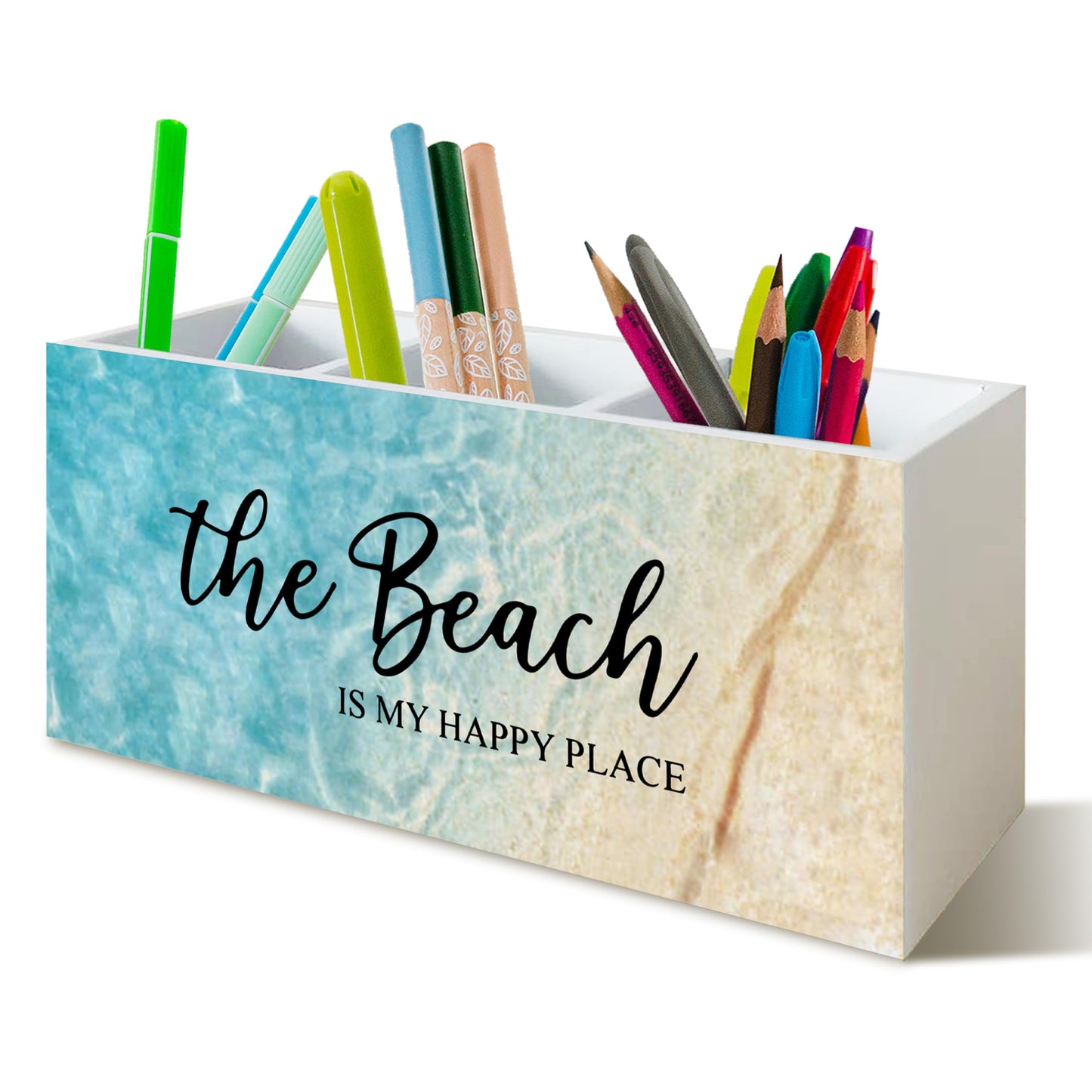YTRGI Beach Gifts for Women Men, The Beach Is My Happy Place Pen Holder for Home Office Kitchen Desk Decor, Beach Wooden Pencil Holder Sign Organizer for Home Office Desk Accessories,