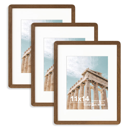FLYJOE 11X14 Picture Frame | Solid Oak Wood 11 X 14 Picture Frame With Mat For 8X10 | 11X14 Poster Frame | Plexiglas And Hanging Hardware Included | 11 By 14 Photo Frame Wood (Walnut, 3 Packs)