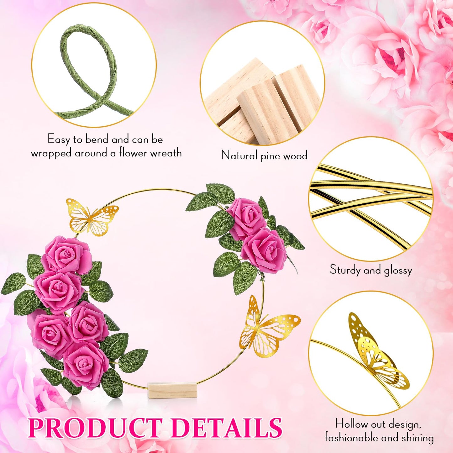 Suncalla 6 Pack Floral Hoop Centerpieces Table Decorations Kit Include 6 Metal Wreath Ring with 6 Wood Base 50 Rose Flower 12 Faux Butterfly for DIY Home Wedding Table Decor (Gold Hoop, Fuchsia Rose)
