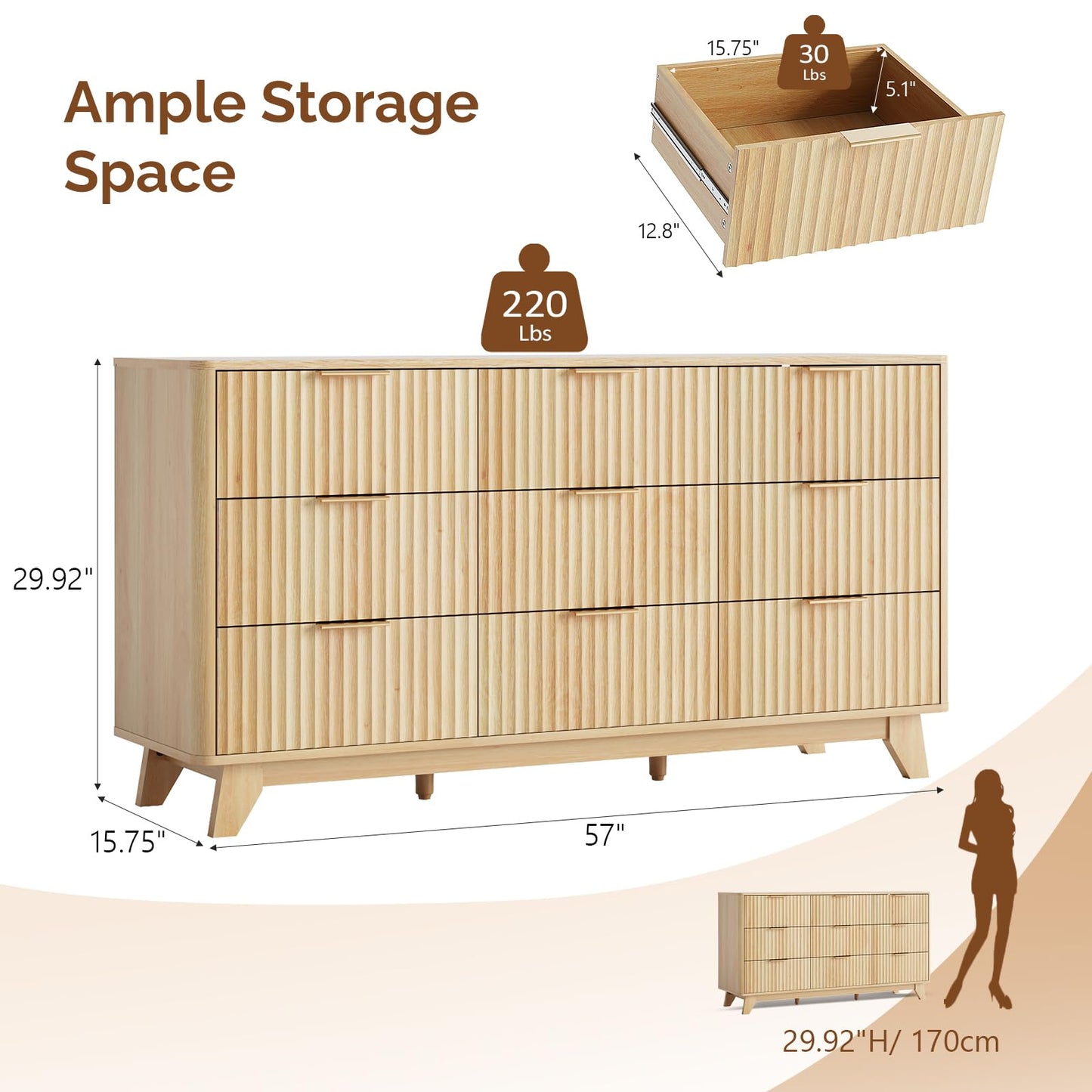 VINGLI Fluted 9 Drawer Dresser for Bedroom, Wood Dresser with Rounded Edges, 57" Long Dressers Oak, Natural Wood Color, 57" W*15.75" D*29.92" H