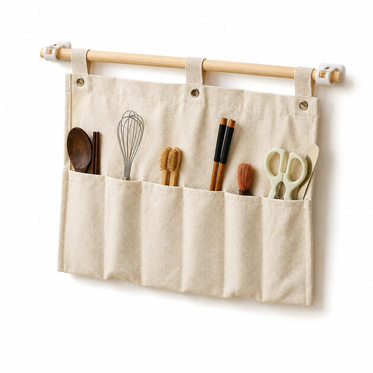 Viscrenox No Drill Canvas Wall Organizer with Mounting Clips, Hanging Pocket Organizer with Wooden Rod, Fabric Wall Storage for Bedroom, Bathroom, Entryway(Large)