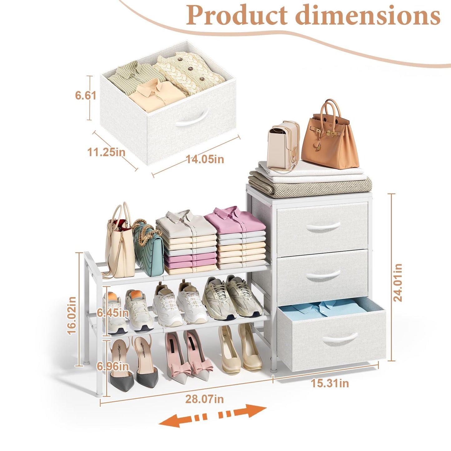 Cidaziya Expandable Closet Organizers and Storage, White Fabric Storage Dresser, 3 Drawer Dresser, Clothes Shelves for Kids, Purse Organizer Small Shoe Rack for Closet Bedroom(31.29~43.42 in)