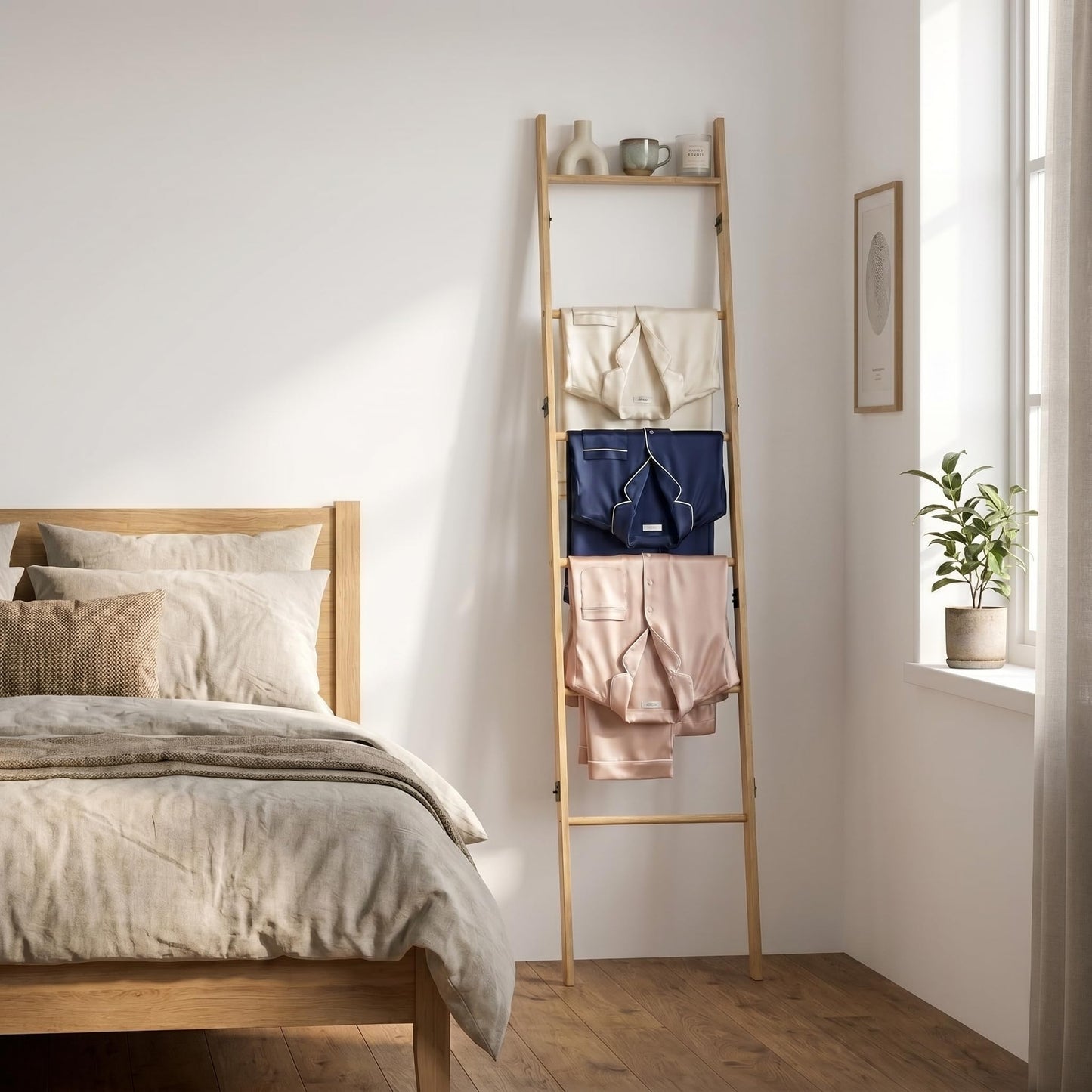 Plusinthebox 6 Tier Blanket Ladder with Shelf, Wooden Blanket Rack for Living Room, Leaning Towel Ladder Rack for Bedroom, Bathroom, Quilts, Throws, Towels and Farmhouse Décor