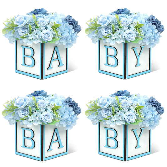 MASTRON Baby Shower Boxes Decorations 4Pcs Wood Baby Blocks with Printed Baby Letter, Blue Baby Shower Centerpieces for Table, Gender Reveal Neutral Baby Shower Supplies