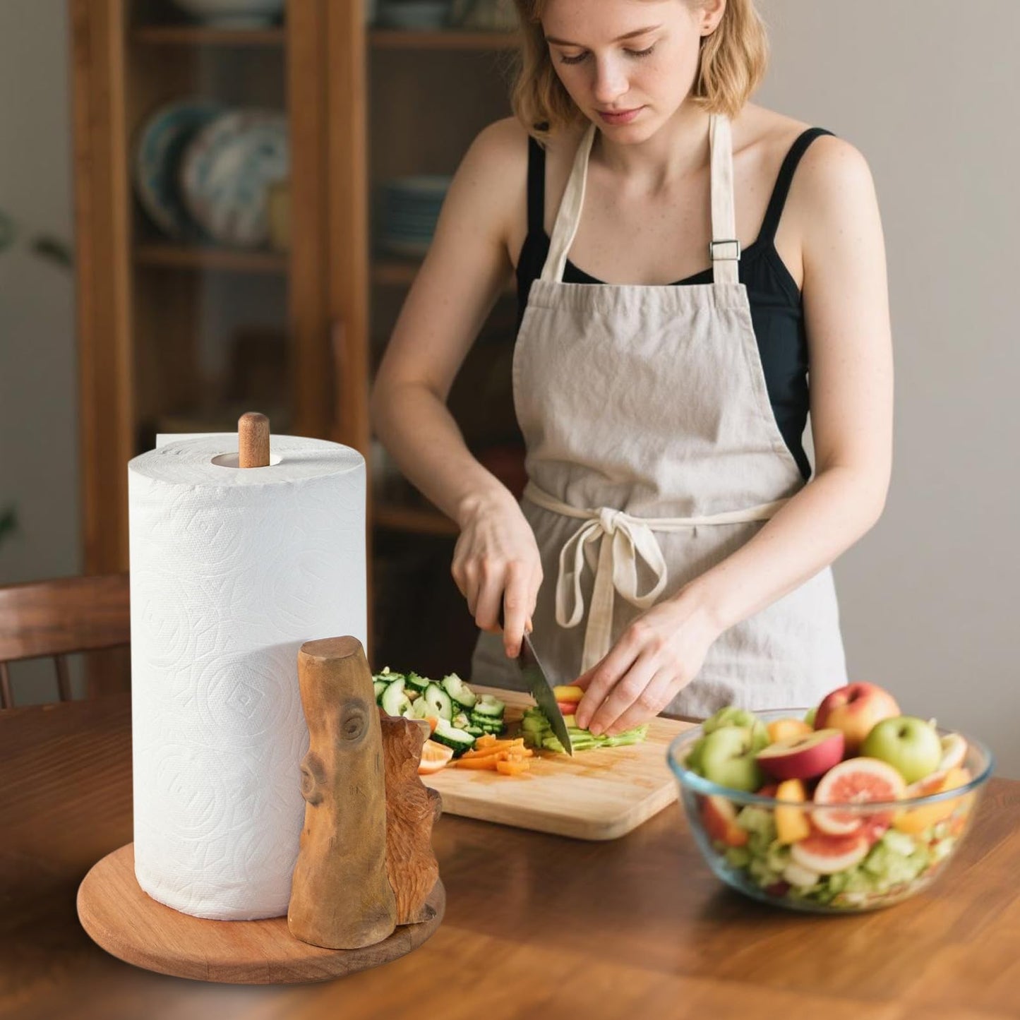 Bear Wooden Paper Towel Holder,9.5" Large Thicken Base Wood Kitchen Tissue Holder, Freestanding Paper Towel Holders, Suitable for Farmhouse, Kitchen Countertop Decorative Paper Towel Holder (Bear)