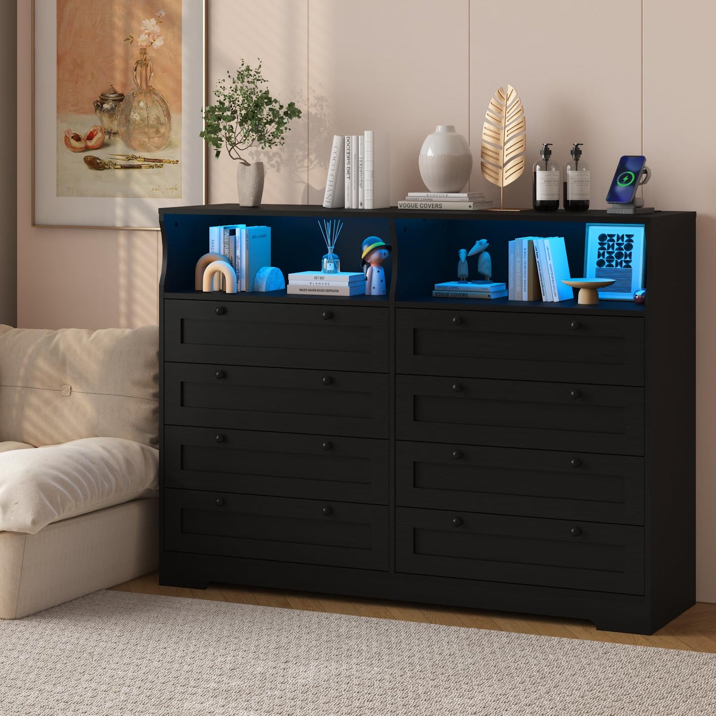Garvee 8 Drawer Wooden Dressers for Bedroom with LED Lights, Charging Station & Open Shelf, Black Wood Chest of Drawers, Farmhouse TV Stand Dresser for Living Room, Hallway, Entryway Fit 65 inch TV