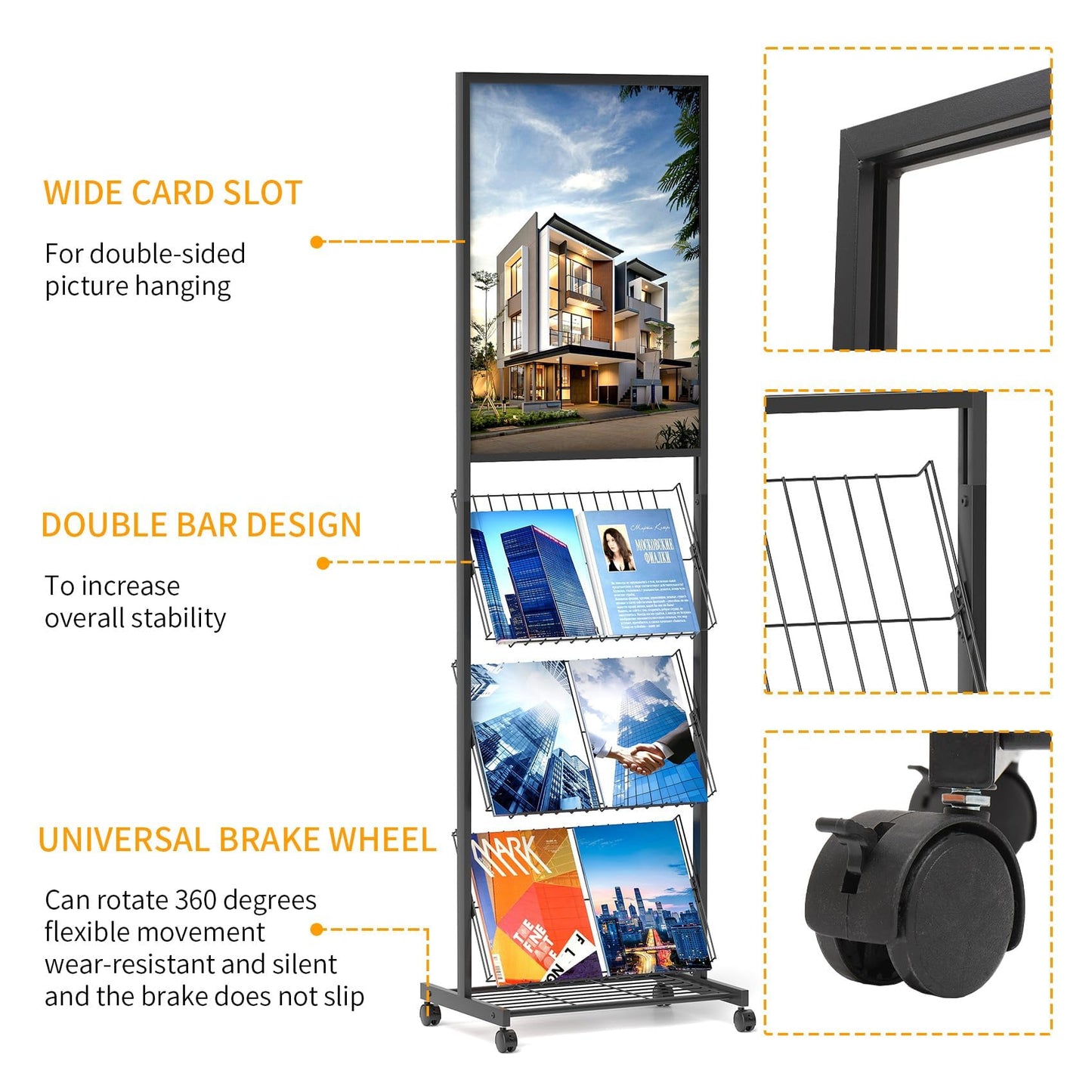 lesolar Floor-Standing Magazine Rack with Poster Board Stand, 4-tier Metal Magazine Rack with Wheels, Newspaper Holder, Book Brochure Display Stand, Poster Sign Holder for Exhibitions Store Business