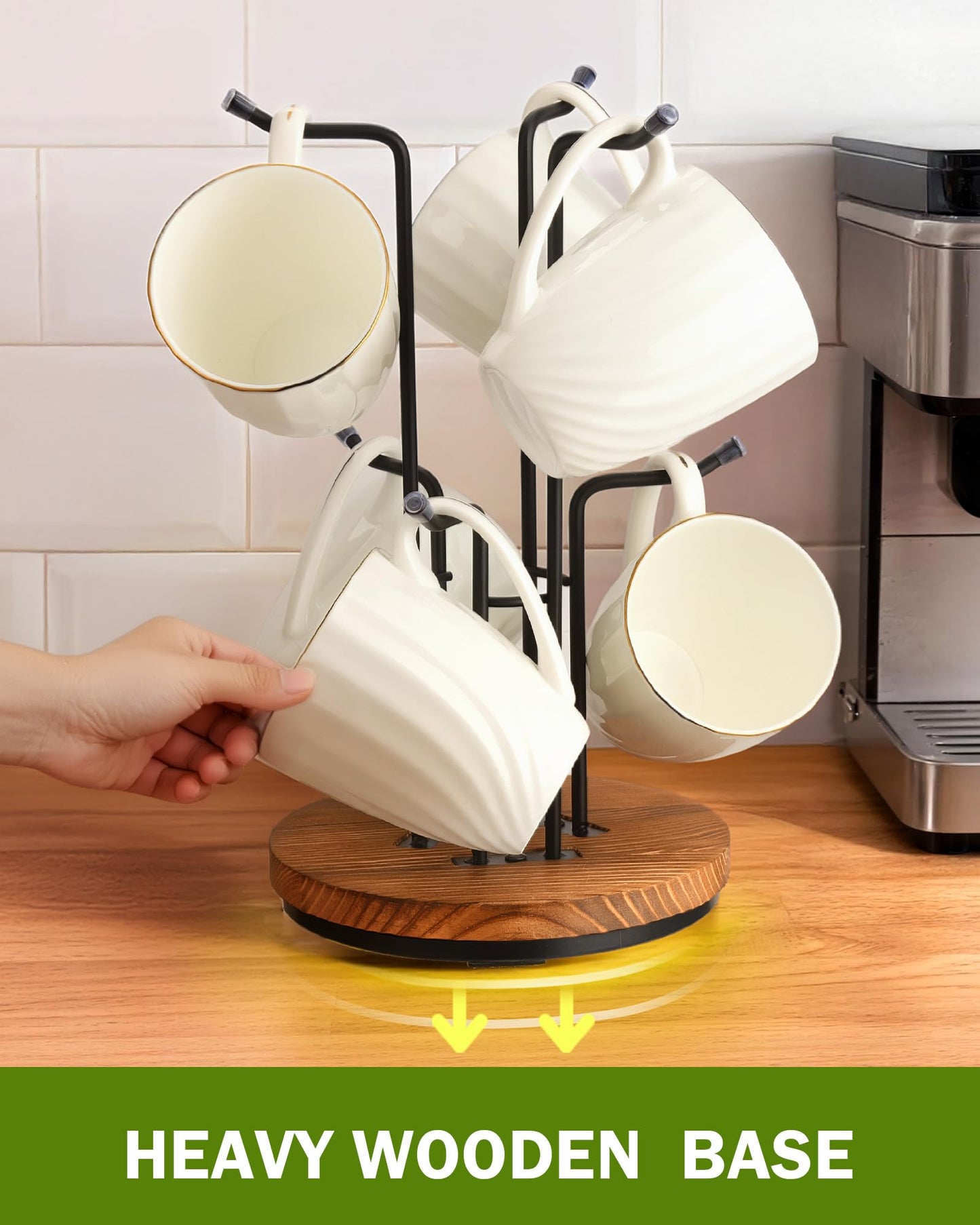 Vosturdy 360° Rotating Large Mug Tree for Counter, Coffee Mug Holder with 6 Hooks, Cup Holder Stand for Countertop, Metal Cup Tree Rack with Weighted Wood Base, Kitchen Coffee Bar Decor Display