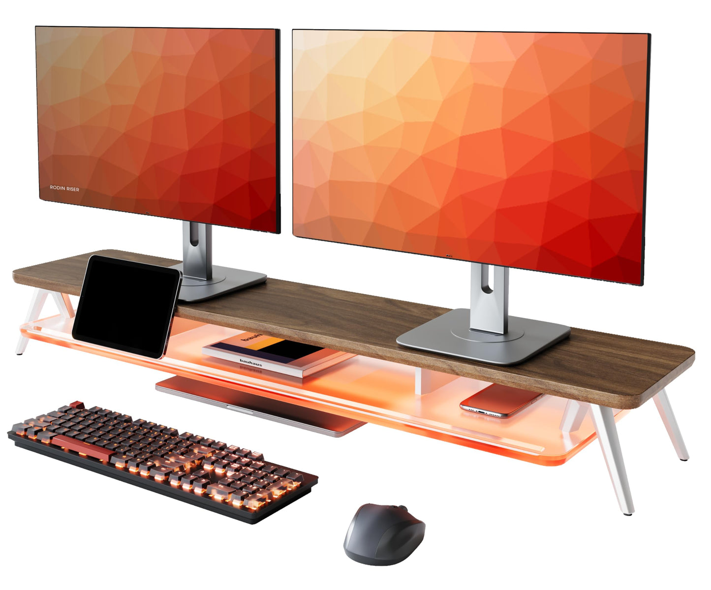 Fenge Dual Monitor Stand with 8-Mode LED Lights, 5.7" H Computer Monitor Riser with Acrylic Shelf & Aluminum Legs, Stable Desk Shelf Organizer for Computer Laptop Home Office & Gaming, Brown