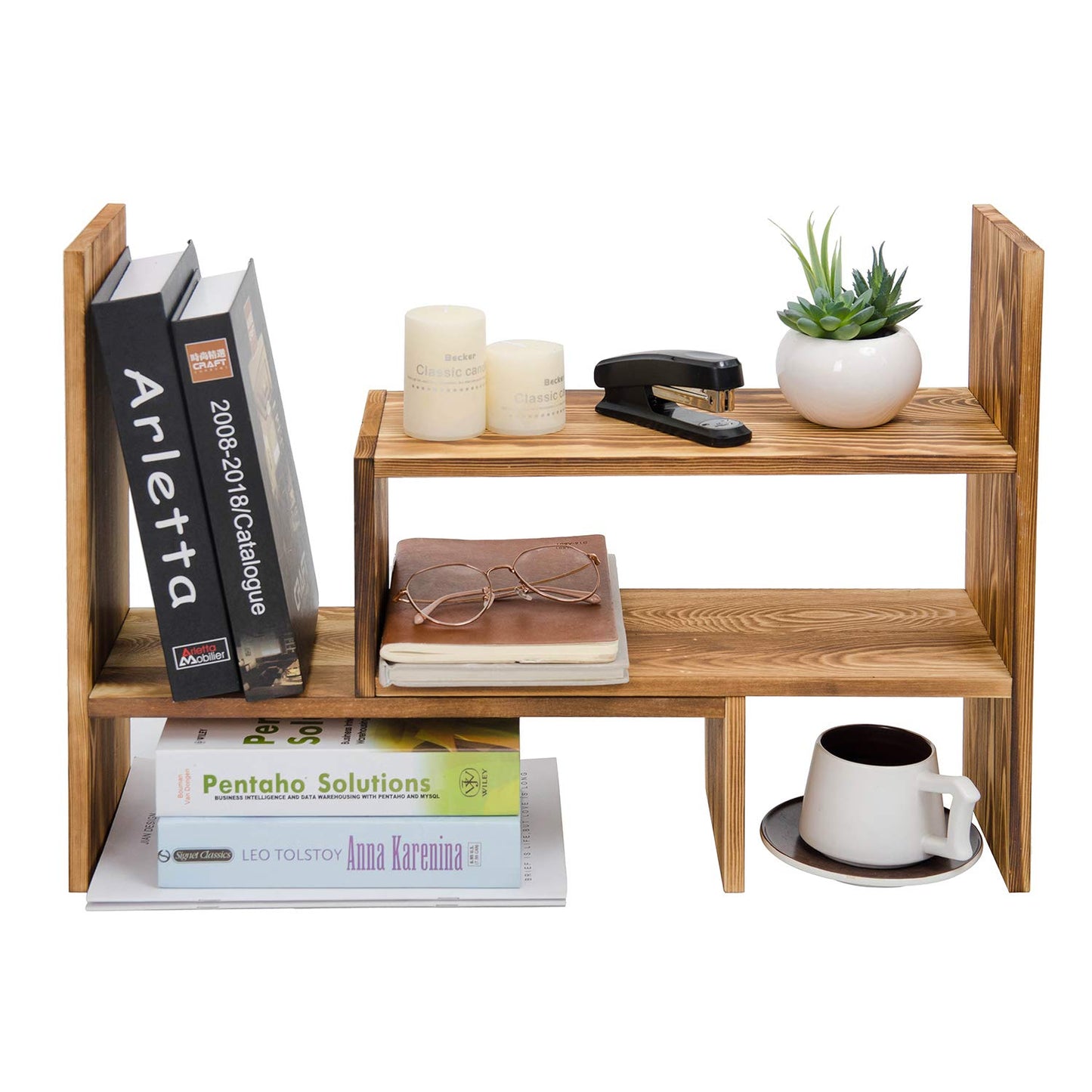 Liry Products Adjustable Extendable Natural Wood Desktop Organizer Caddy Desk Organizer Countertop Shelf Bookcase Display Stand Rack Expandable Storage Office Home (Dark Brown)