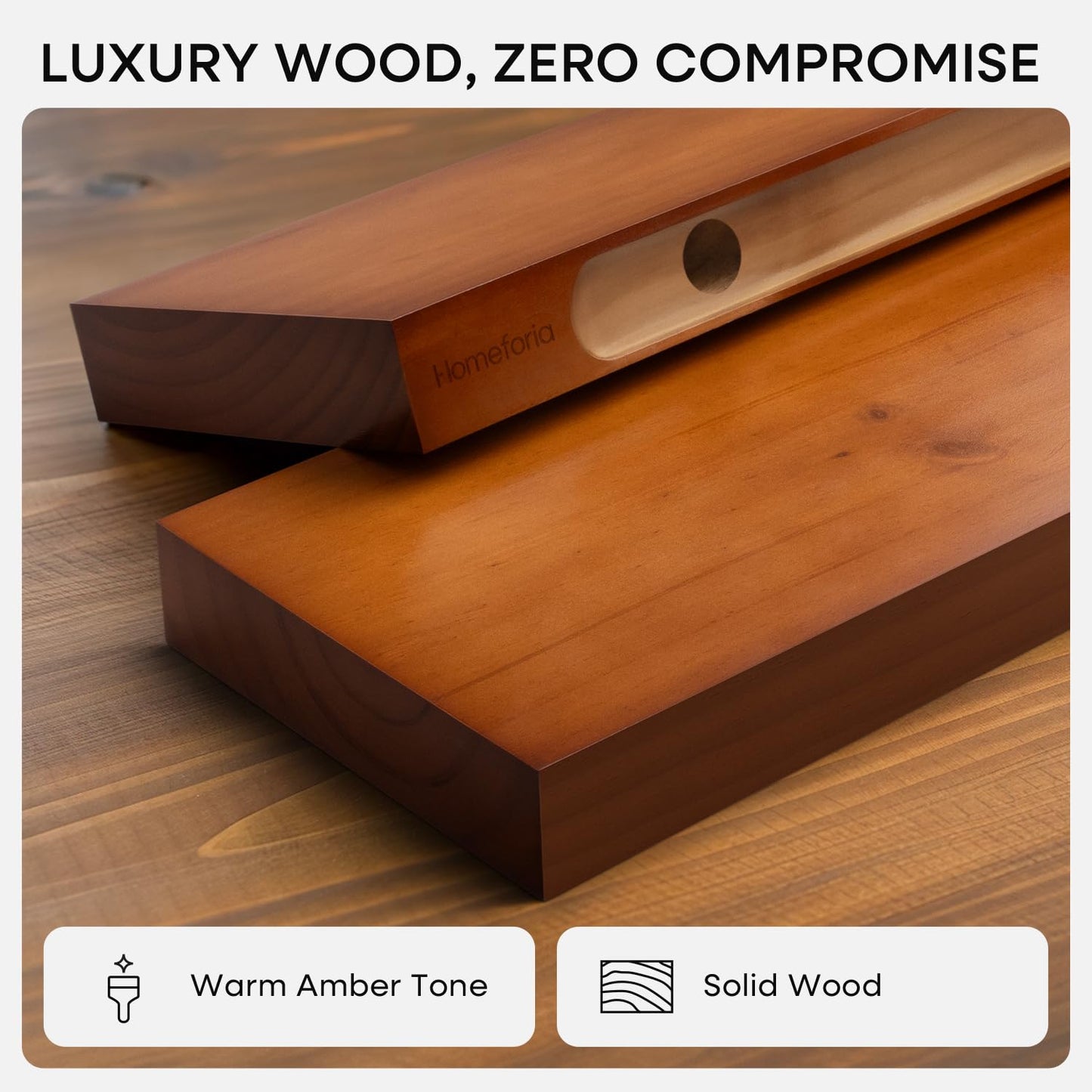 Homeforia Oak Floating Shelves 30 inch Long, High End Solid Real Wood 30inch Floating Shelf for Wall Mounted, Honey Oak Wooden 30in Floating Shelves, Heavy Duty Bracket, 30 X 6.5 X 1.75 in, Set of 2