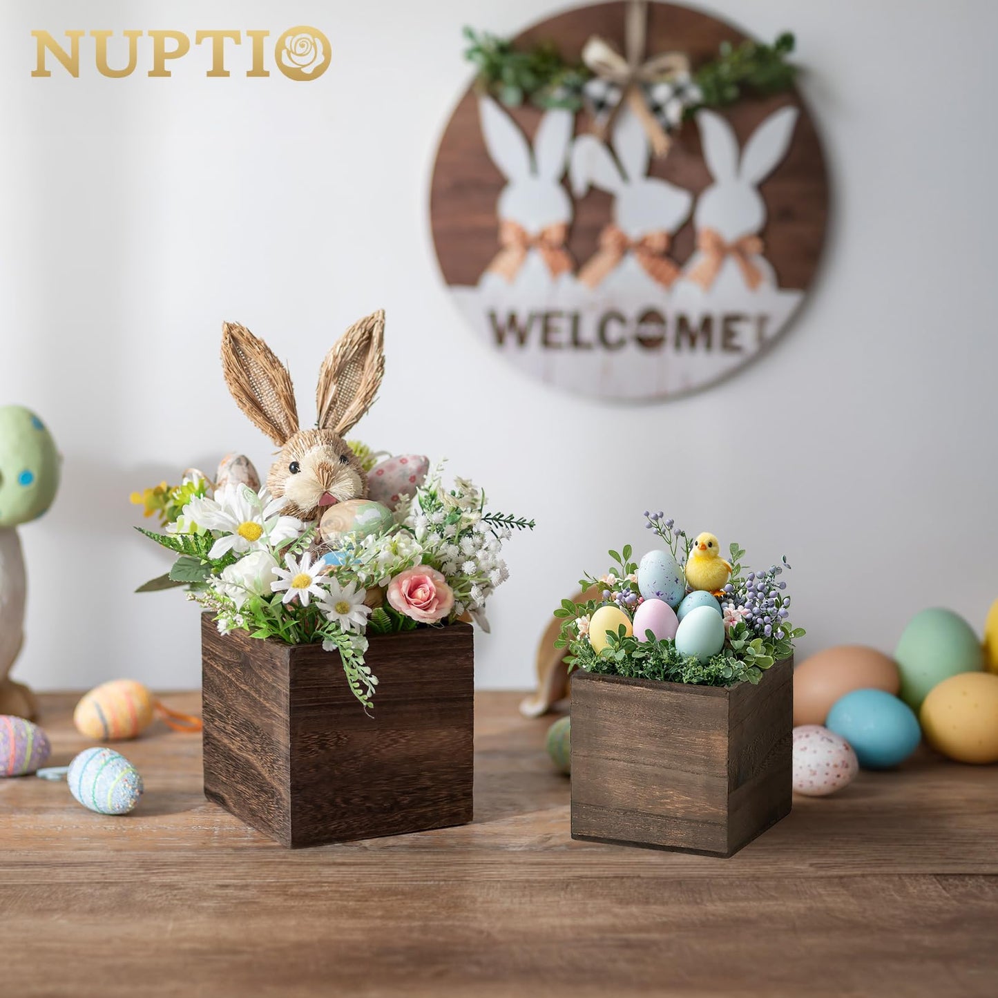 NUPTIO Wooden Box for Centerpiece Wedding: 6 Pcs Rustic Square Planter Box for Christmas Table Fall Decorations - 4×4" & 5×5" Small Wood Vases Flower Pots for Windowsill Home Garden Decor