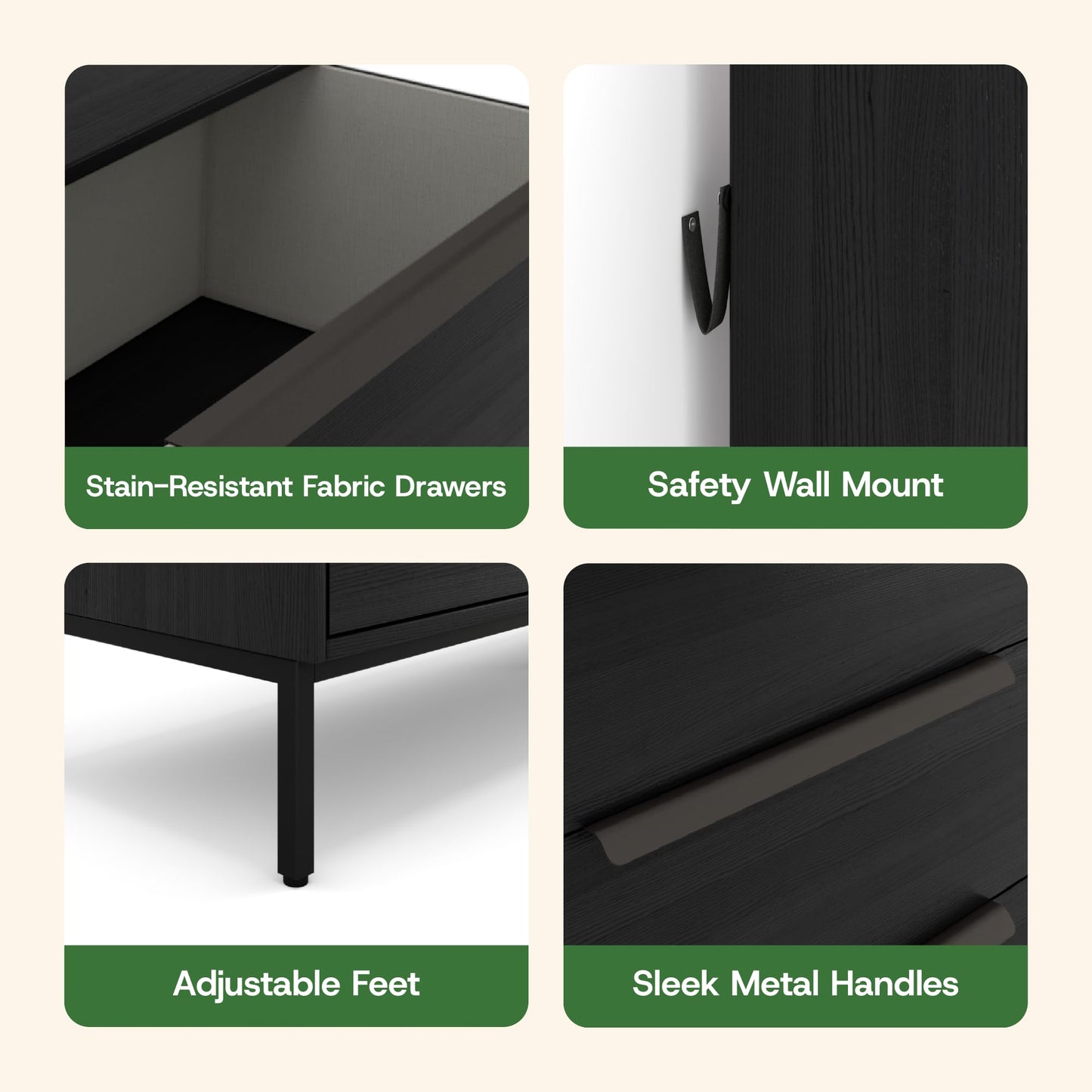 tinge Lira Premium 8 Drawer Fabric Dresser - Engineered Wood Frame Chest of Drawers for Bedroom - Strong & Sag-Proof Clothing Organizer with Sleek Metal Handles (Black)