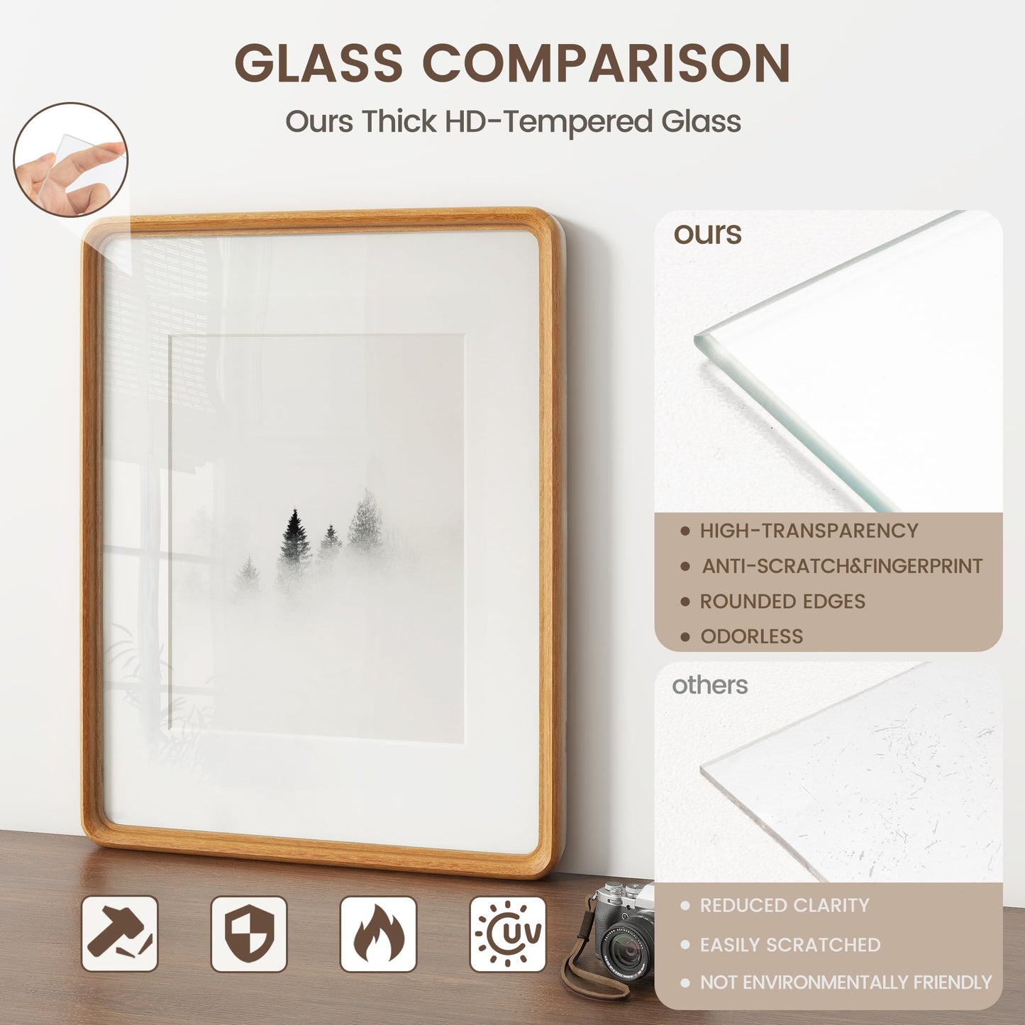 11x17 Picture Frame, USA-Sourced Natural Teak Wood Photo Frame with Tempered Glass, Handcrafted Rounded Corner 11 x 17 Wooden Frame Matted to 8x12 Photos, Wall or Tabletop Display
