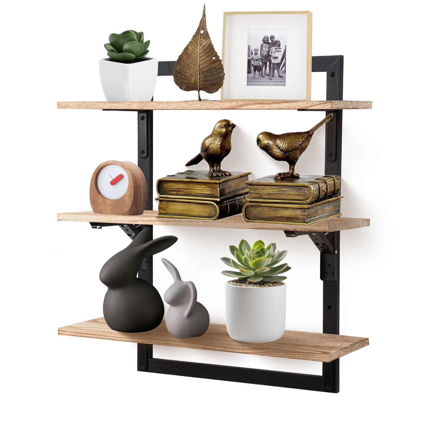 Wodhels 24-Inch Floating Shelves for Wall，3-Tier Wooden Wall Mounted Kitchen Shelves with Foldable Brackets,Hanging Wall Shelves for Living Room, Coffee Bar，Bedroom, Bathroom,Rustic Brown