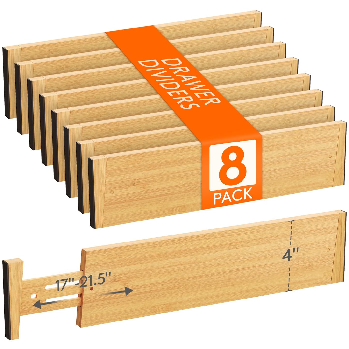 Lifewit 4" High 8 Pack Bamboo Drawer Dividers 43-54cm/17-21.5" Adjustable Wooden Drawer Organizer for Clothes/Utensils, Expandable Drawer Separator for Dresser/Kitchen/Bedroom/Office Organization