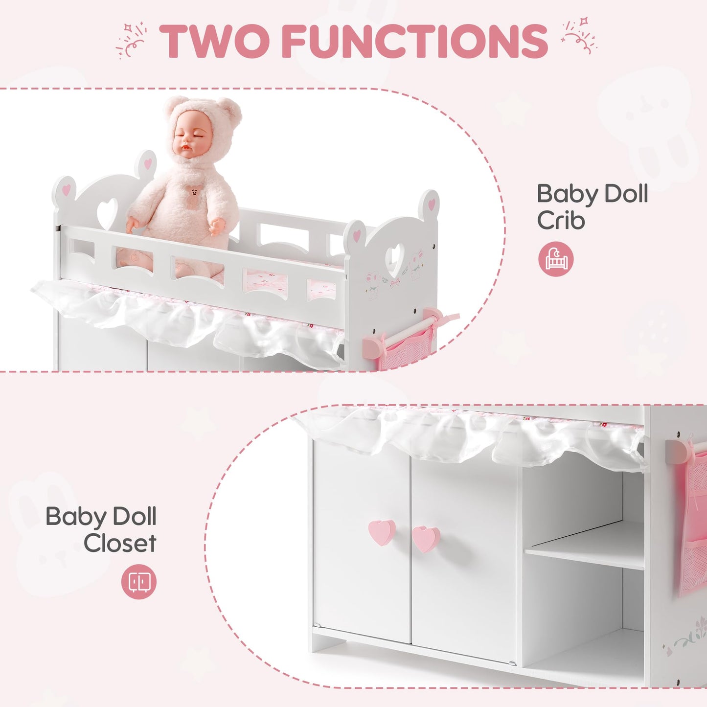 ROBOTIME Baby Doll Crib – Wooden Baby Doll Changing Table with Storage – Bedding & Hooks, Fits 18-21" Dolls, Doll Bed Playset for Girls Ages 3+