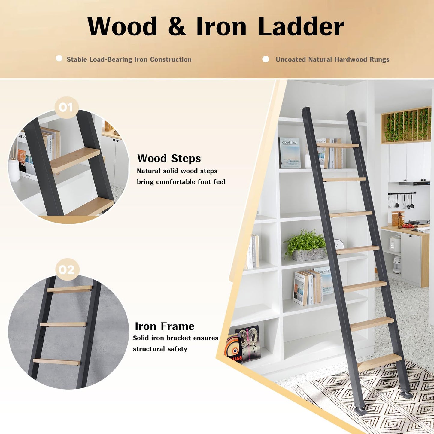 Fredbeck 8ft,96inch Library Ladder Carbon Steel Frame Wooden Step,for Loft