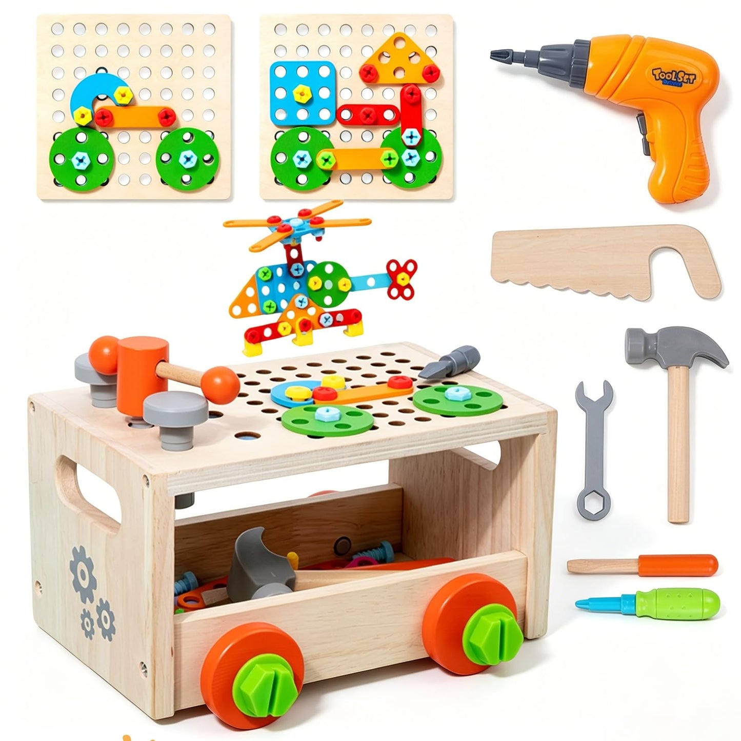 Brownroot Kids Wooden Tool Set, Toddler Workbench with Toy Drill & Storage Cart, STEM Construction Building Toys, Montessori Gift for Boys Girls 3-6