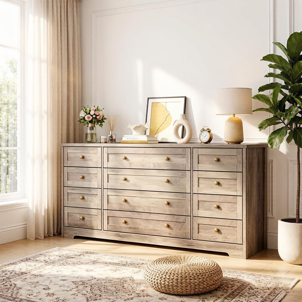 Garvee 12 Drawer Wooden Dressers for Bedroom, Grey Dresser for Adult Bedroom, Modern Wood Chest of Drawers for Living Room, Closet, Entryway, Hallway, Farmhouse Wide TV Stand for 65 Inch TV