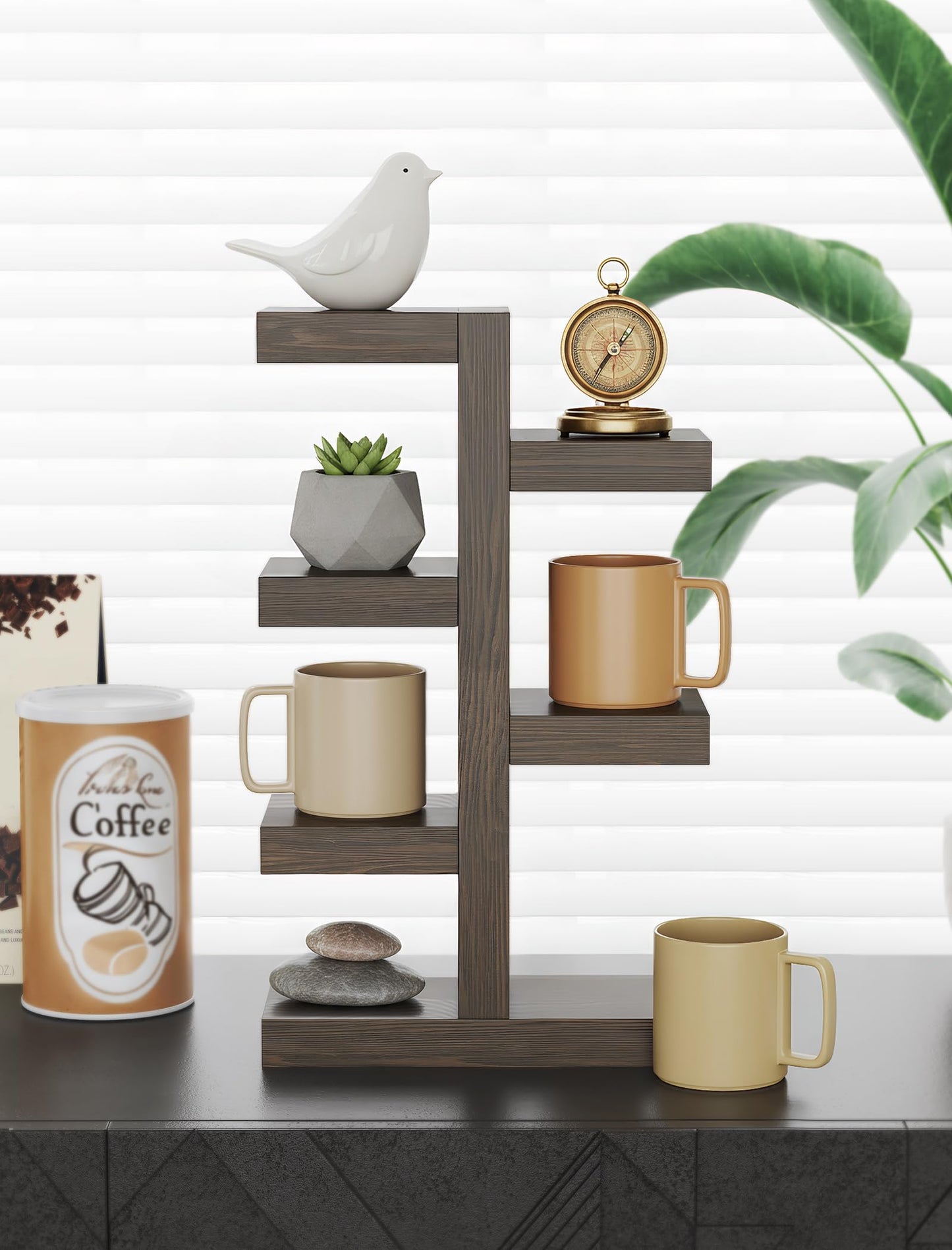 NiHome Coffee Mug Shelf Organizer - Vintage Distressed Wood Countertop Coffee Cup Holder, Holds 7 Mugs, Sturdy Mug Rack with Non-Slip Feet, Mugs Display Shelf, Curio Shelf, Knick Knack Shelf