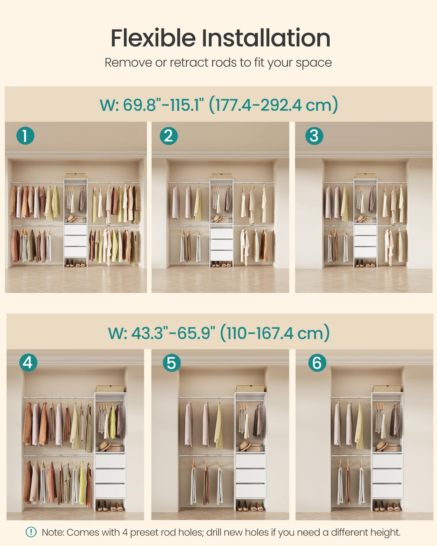 SONGMICS Closet System, Customizable Walk-In Closet Organizer System with Adjustable Hanging Rods and Drawers, White, Fits Spaces 4-9.6 ft Wide URGR042WZ01S