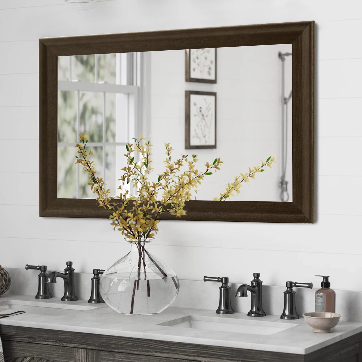CULER Rustic Wood Wall Mirror for Bathroom,Rectangle 24 x 36 inch Hanging Black Mirrors with Wooden Frame for Living Room,Bedroom,Entryway(Dark Walnut)