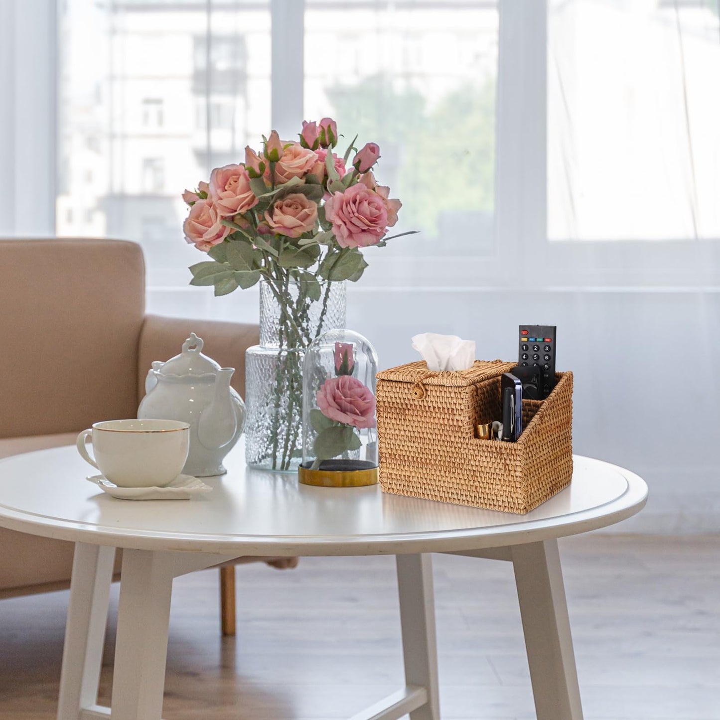 Sumnacon Tissue Box Square Tissue Box Cover with Storage Rattan Tissue Box Holder with 2 Side Organizer,Wicker Tissue Cover Cube Tissue Holder for Bathroom Living Room Table Desk Office