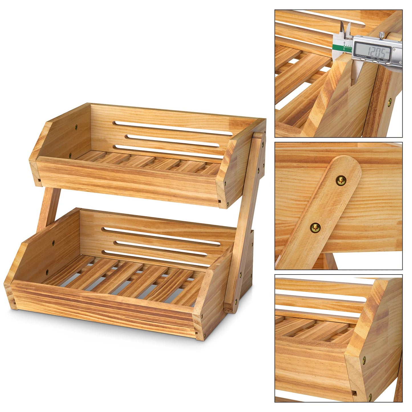Merysen 2-Tier Wooden Fruit Vegetable Basket For Kitchen Countertop, Large