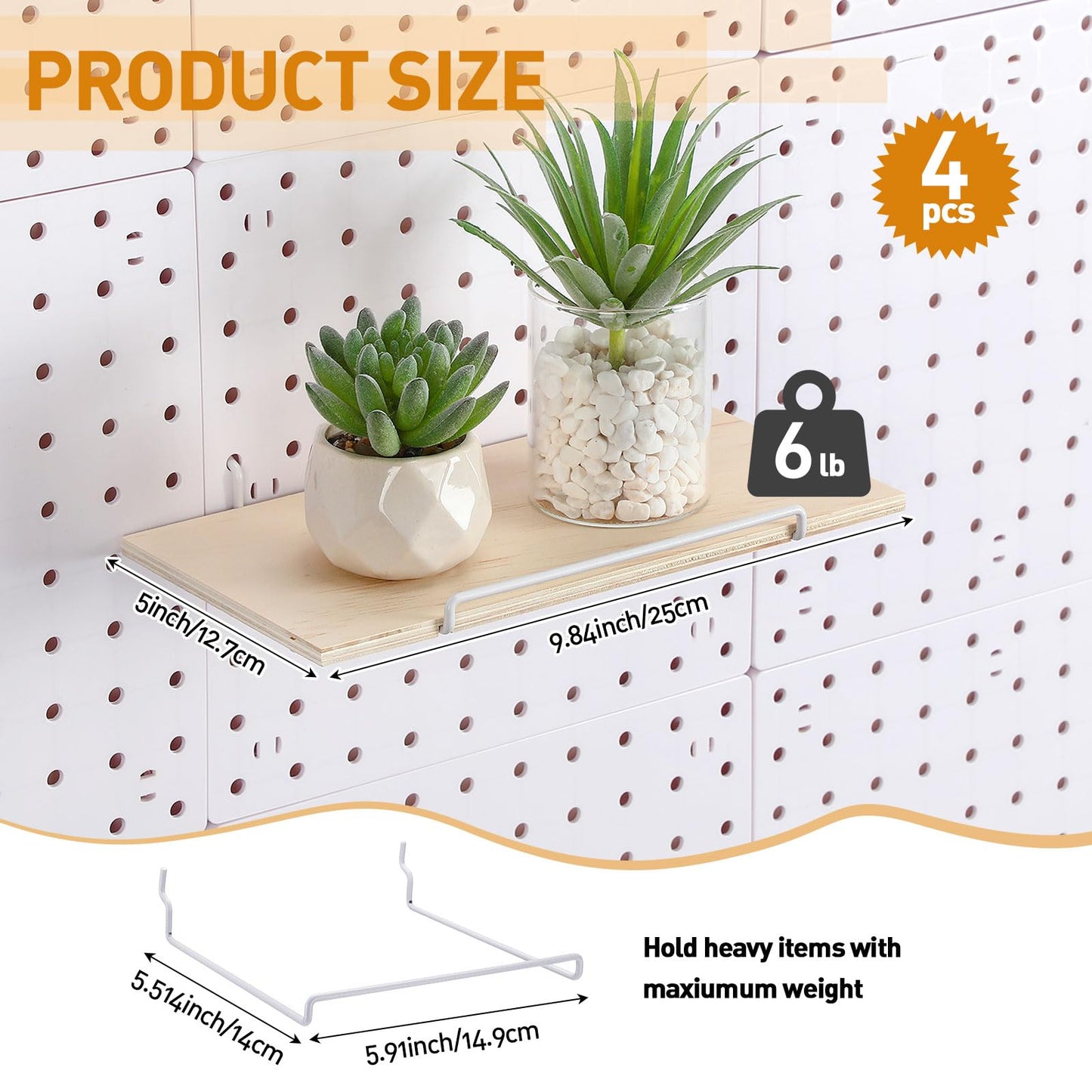 Wonderjune 4 Pcs Wooden Pegboard Shelves with Metal Pegboard Shelf Brackets Peg Board Display Storage Tray Wall Organizer Peg Board Accessories for Craft Room Home Kitchen(Brown,9.84 x 5 Inch)