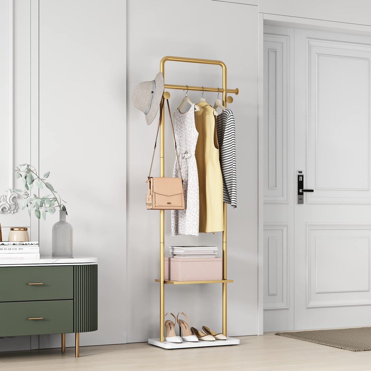 TIEOU Gold Clothes Racks with Shelf, Heavy Duty Gold Clothing Racks for Boutiques, Free-Standing Metal Garment Rack for Hanging Clothes, Modern Coat Rack Entryway(2 tier)