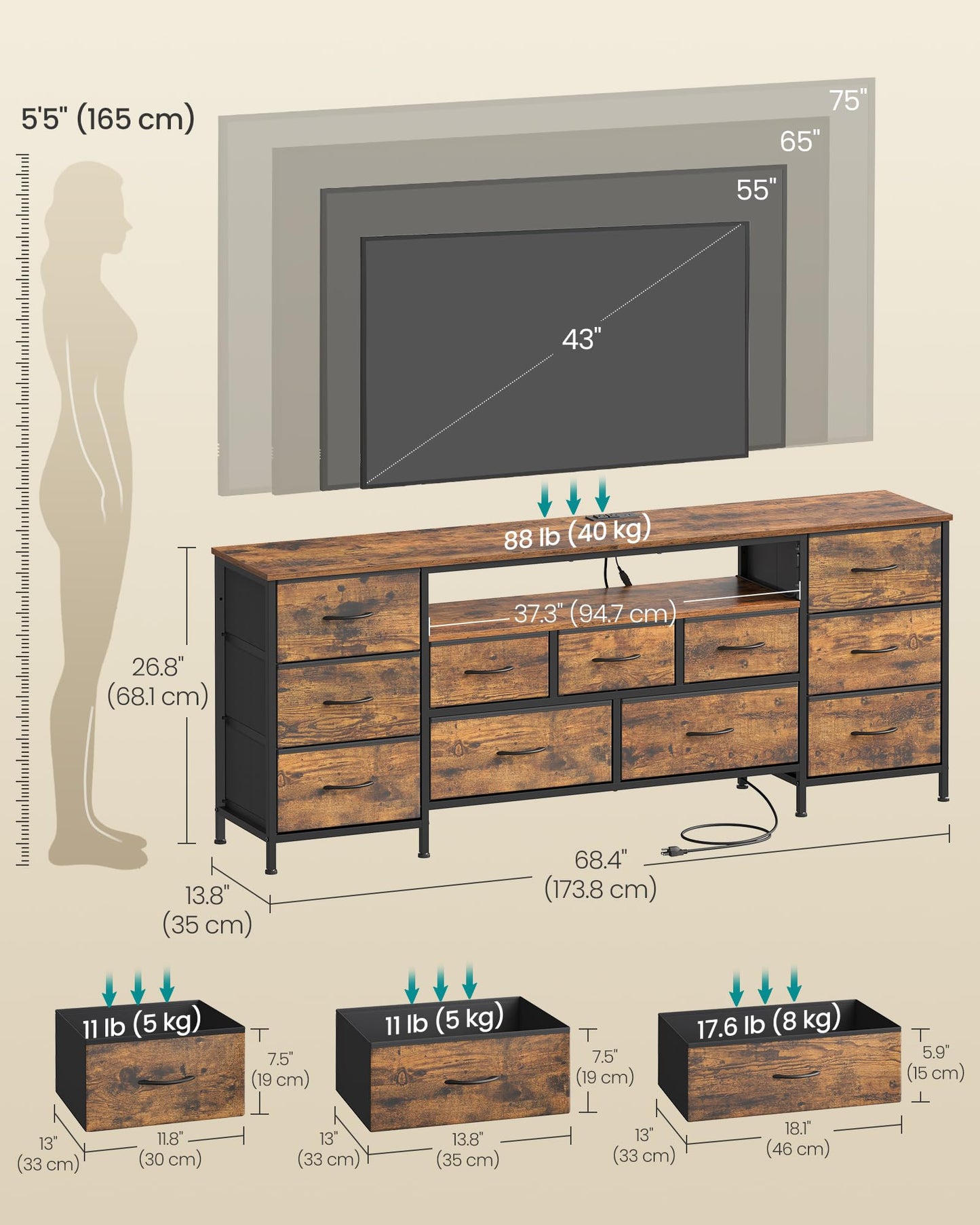 SONGMICS BELLAH Collection - TV Stand for TVs Up to 70 Inches, Dresser for Bedroom, Living Room, Chest of Drawers, Steel, 11 Drawers and Shelf, Industrial, Rustic Brown ULGS043K101S