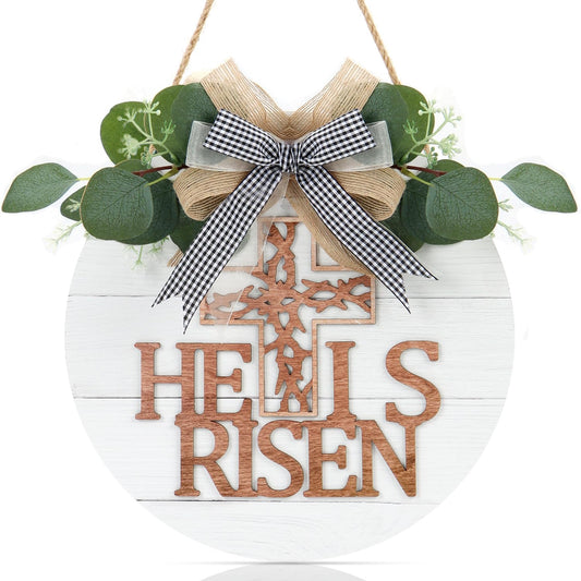 TOARTi He is Risen Easter Front Door Sign Wreath (11.4"x11.4"), Rustic Christian Cross Wall Sign Hanging Plaque, Farmhouse Religious Home Wooden Door Decoration for Housewarming Easter Gift