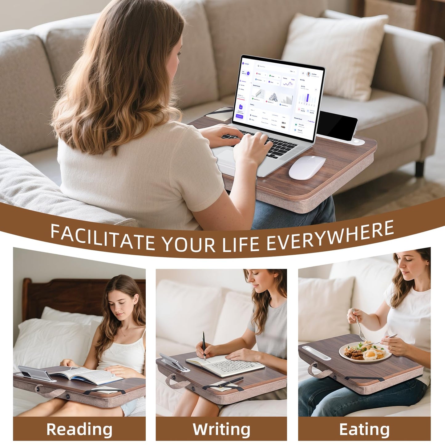 wishacc Lap Desk with Cushion and Hidden Book Clips, Wooden Bed Desk for Laptop and Writing, Cushioned Laptop Tray for Couch, Portable Lap Desk for Adults, Car Laptop Couch Table (Fits up to 17")