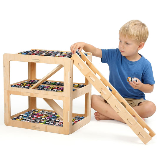 Essenhome Wooden Toy Car Display Case Compatible with Hot Wheels & Matchbox, 1/64 Scale Parking Garage Storage with Foldable Racing Ramp, Easy Pin-Style Assembly Shelf for Kids Room Decor (Large)