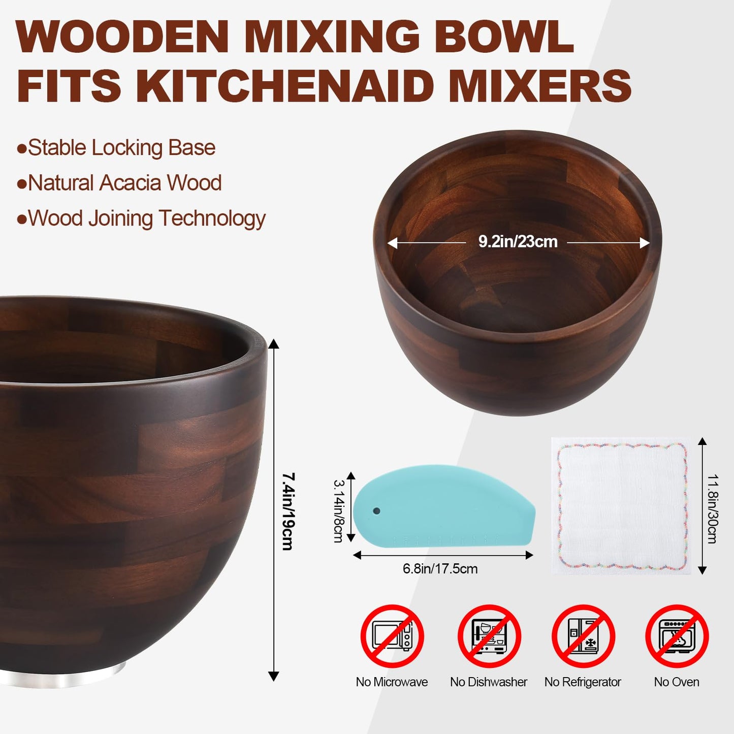 Ciunura Premium Acacia Wooden Mixing Bowl for K45 & KSM150 Series, 4.5&5 Qt Tilt-Head Models, Natural Wood Bowl with Stainless Steel Precision Locking Base for Kitchen Aid Mixers(Acacia)