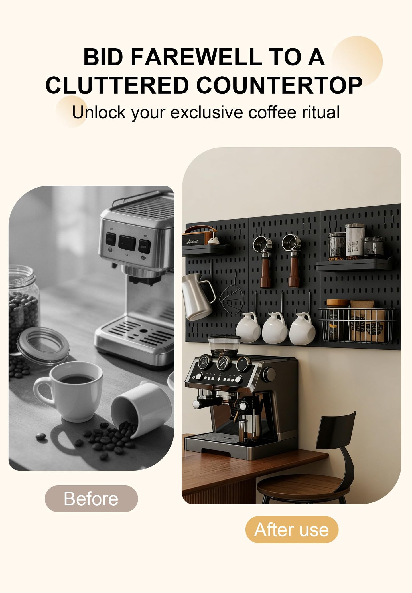Txjyuyy Coffee Pegboard Wall Storage Set – Wall-Mounted Coffee Mug Holder with Hooks, Cup Racks & Baskets– Home & Office Coffee Stations （Black）