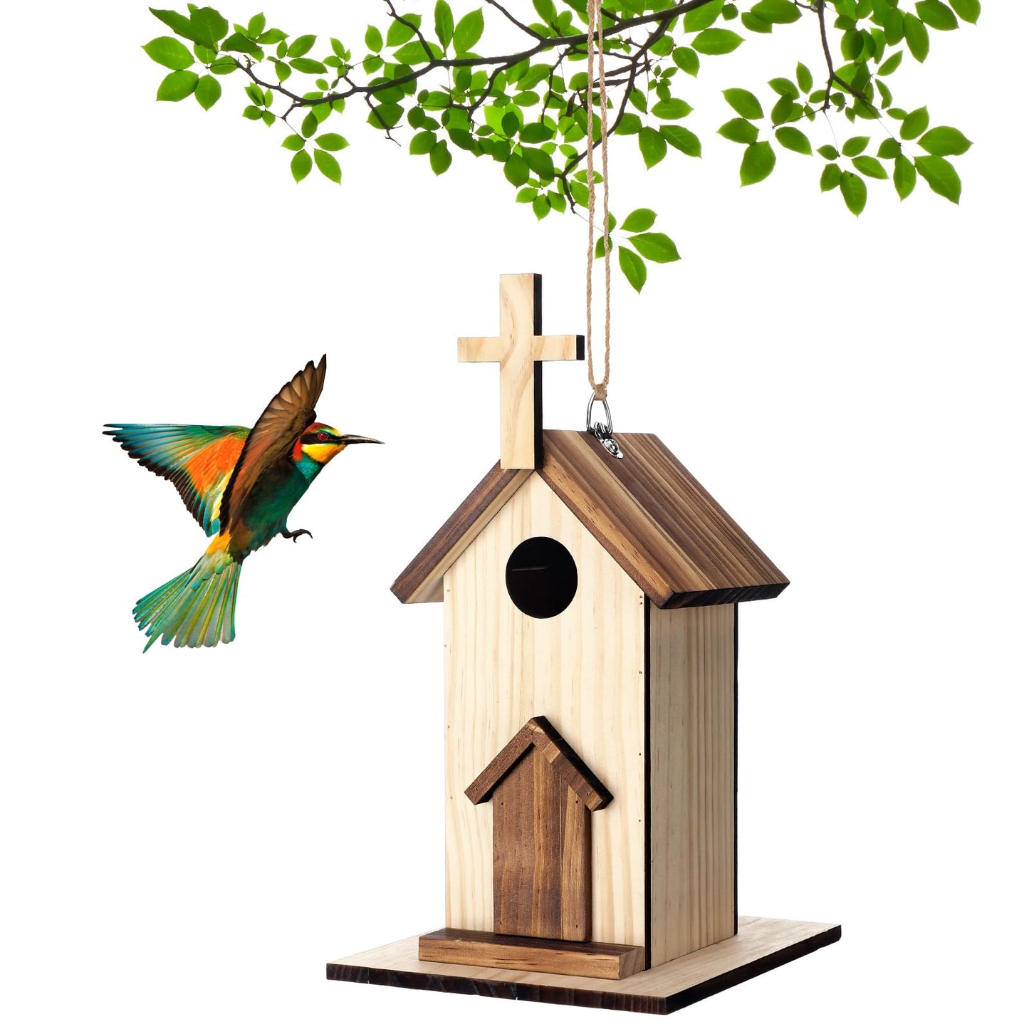 Leinuosen 2 Pcs Birdhouse Outdoor Hanging Wooden Church Birdhouse Cross Design 12" H Small Bird Houses Religious Bluebird Hummingbird Nesting Boxes for Outside Spring Easter Baptisms Garden Decoration