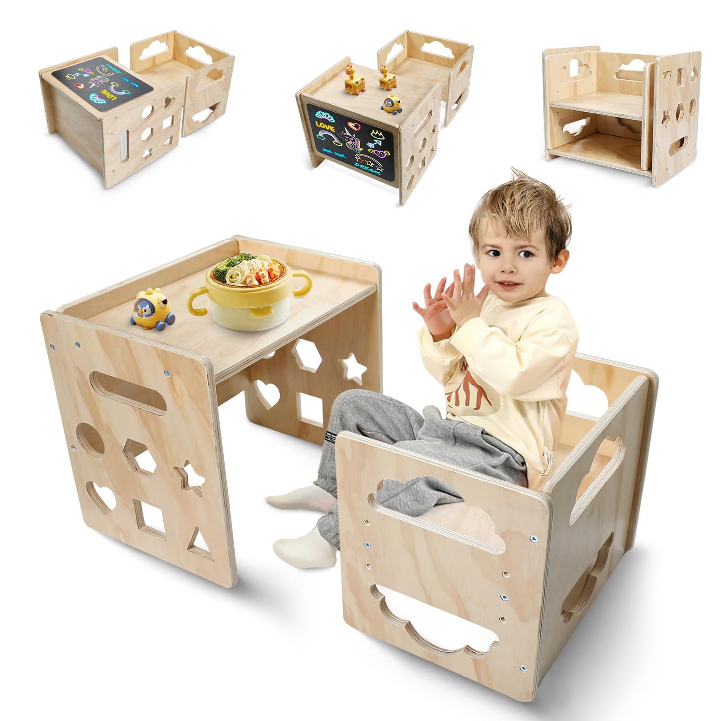 Satisure Montessori Weaning Table and Chair Set, Wooden Toddler Table and Chair Set, 1-3 Age Kids Table and Chairs with Blackboard & 3 Heights Adjustable for Eating & Drawing & Reading