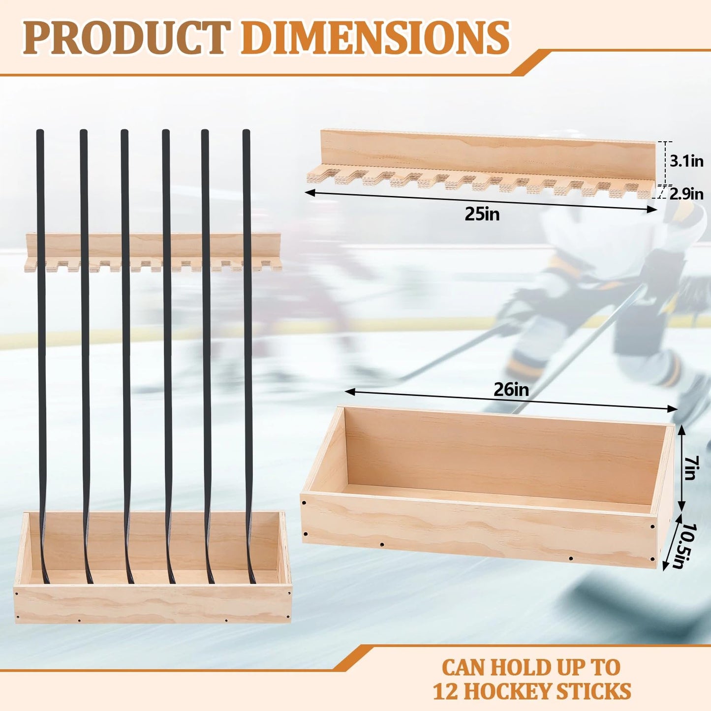 Leinuosen 2 in 1 Hockey Stick Holder Wall Mount for Garage Hockey Stick Wooden Rack Ice Organizer Storage with Vertical Display Large Capacity Organizer Holds up to 12 Sticks for Player Gifts