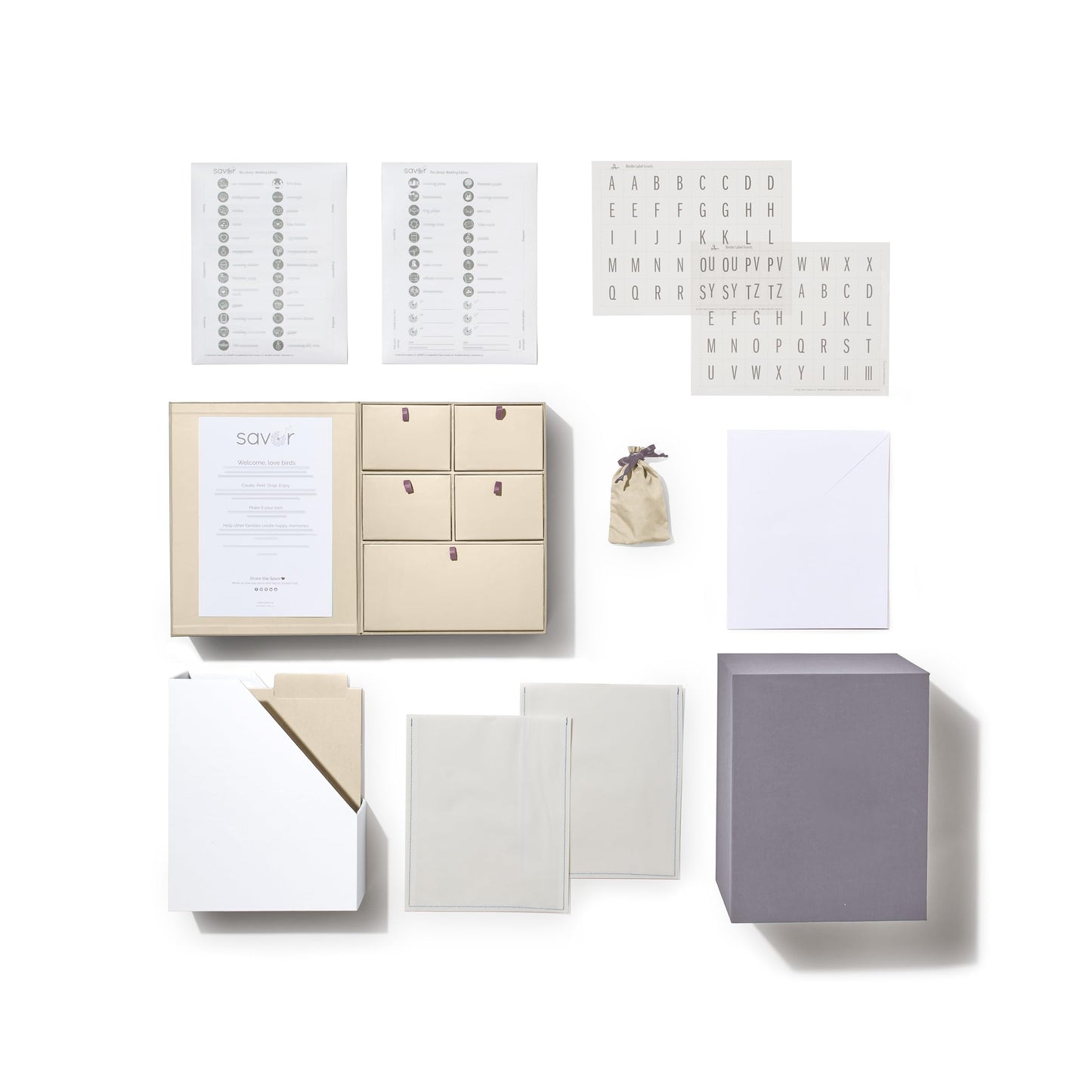 Savor | Deluxe Wedding Keepsake Box with 52 Labels, 6 Drawers, and 8 Vertical Files | Acid-Free Memory Organizer for Wedding Day, Bridal Shower & Anniversary (Slate, No Customization)