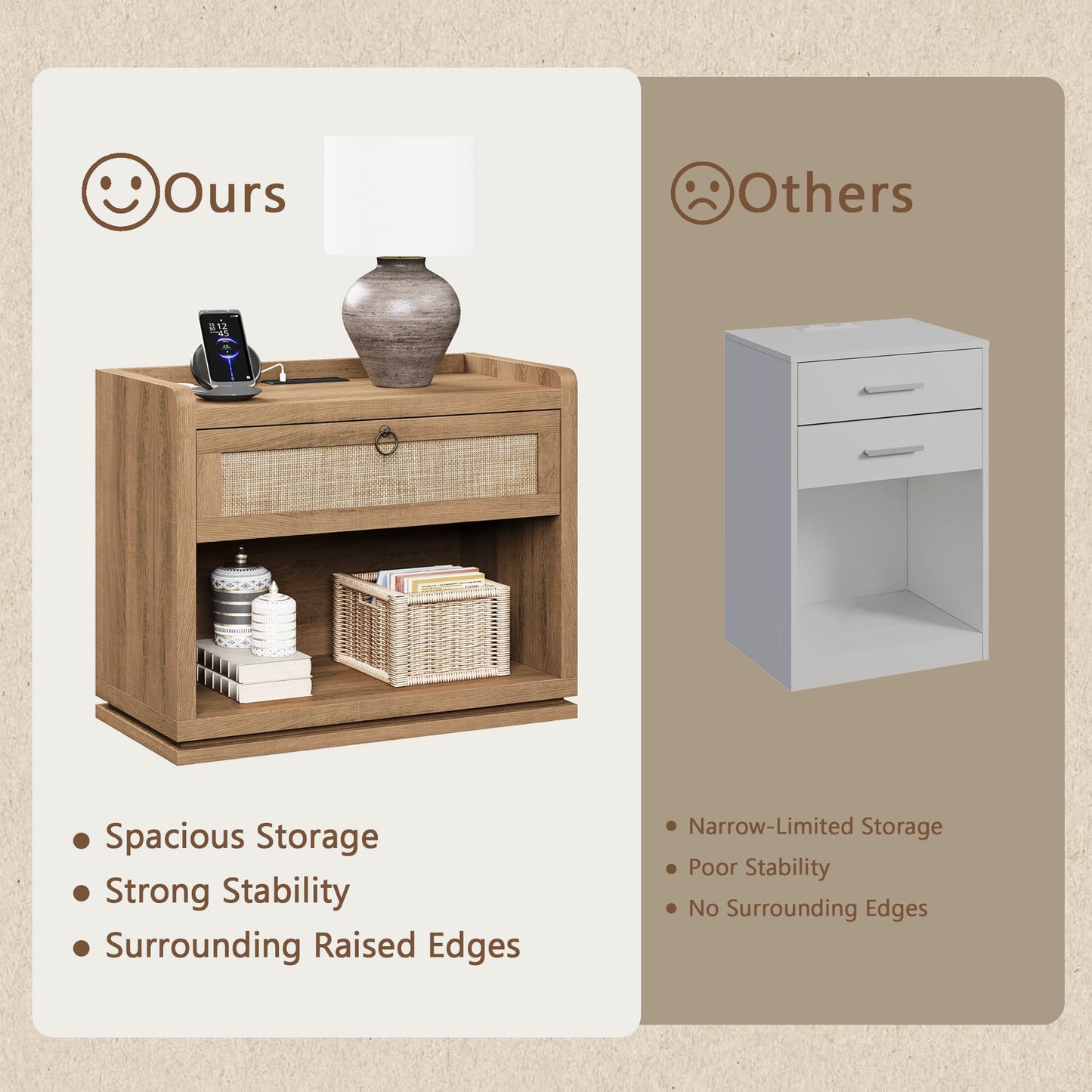 31" Wide Rattan Nightstand with Charging Station, End Side Table