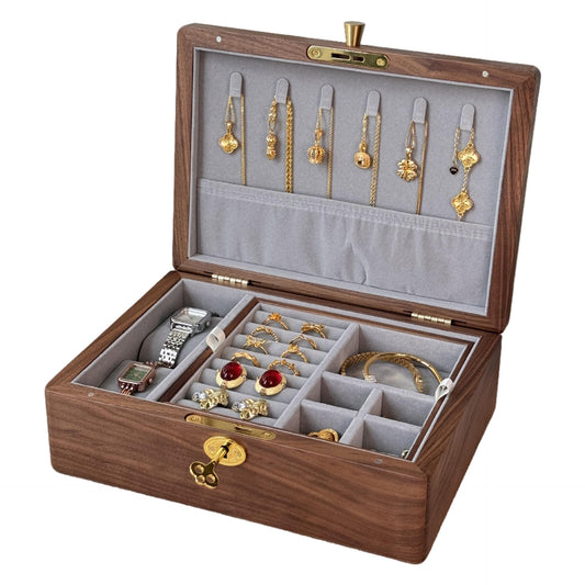 Bescott 2 Layers Solid Black Walnut Wooden Jewelry Box for Women with Lock and Key Wood Vintage Organizer for Men Earrings Rings Necklaces Bracelet Storage