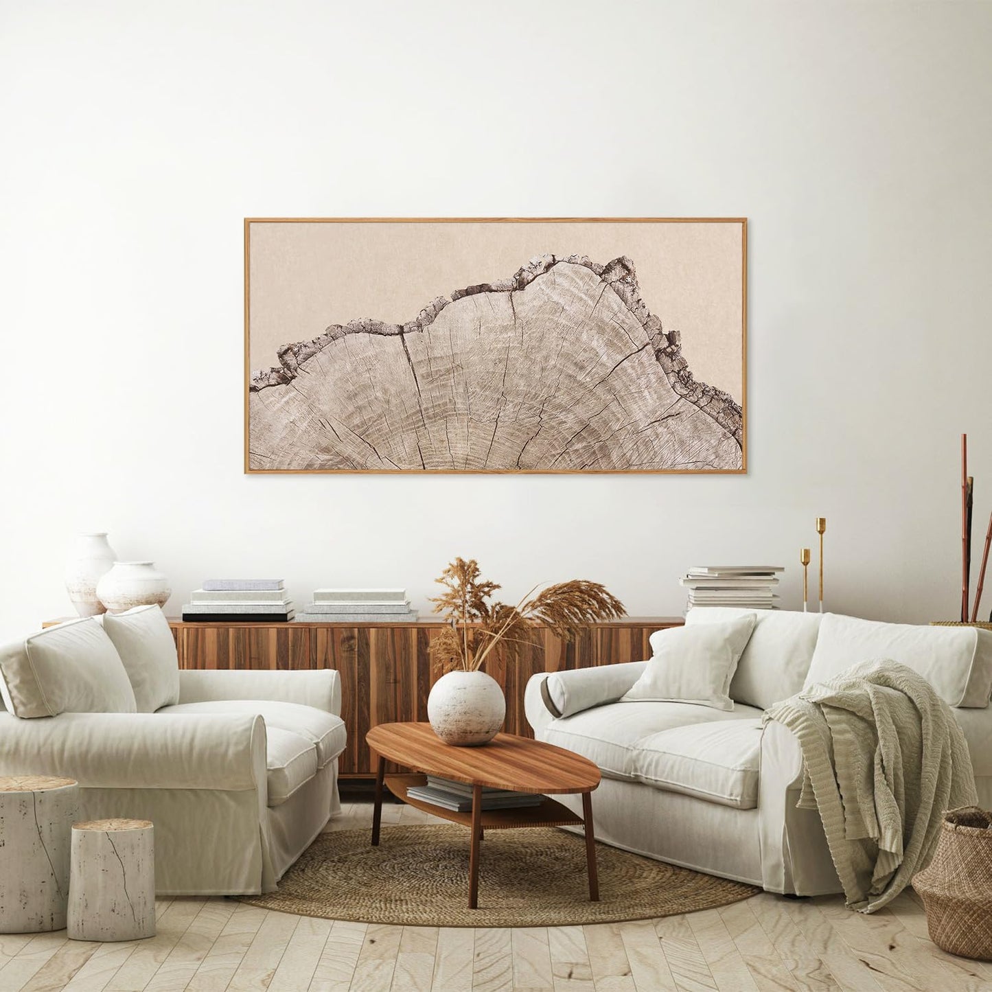 SIGNINART Large Tree Ring Framed Canvas Wall Art, Rustic Beige Nature Wooden Wall Decor, Neutral Wood Stump Artwork, Modern Art Prints for Bedroom Living Room Office 20"x40"