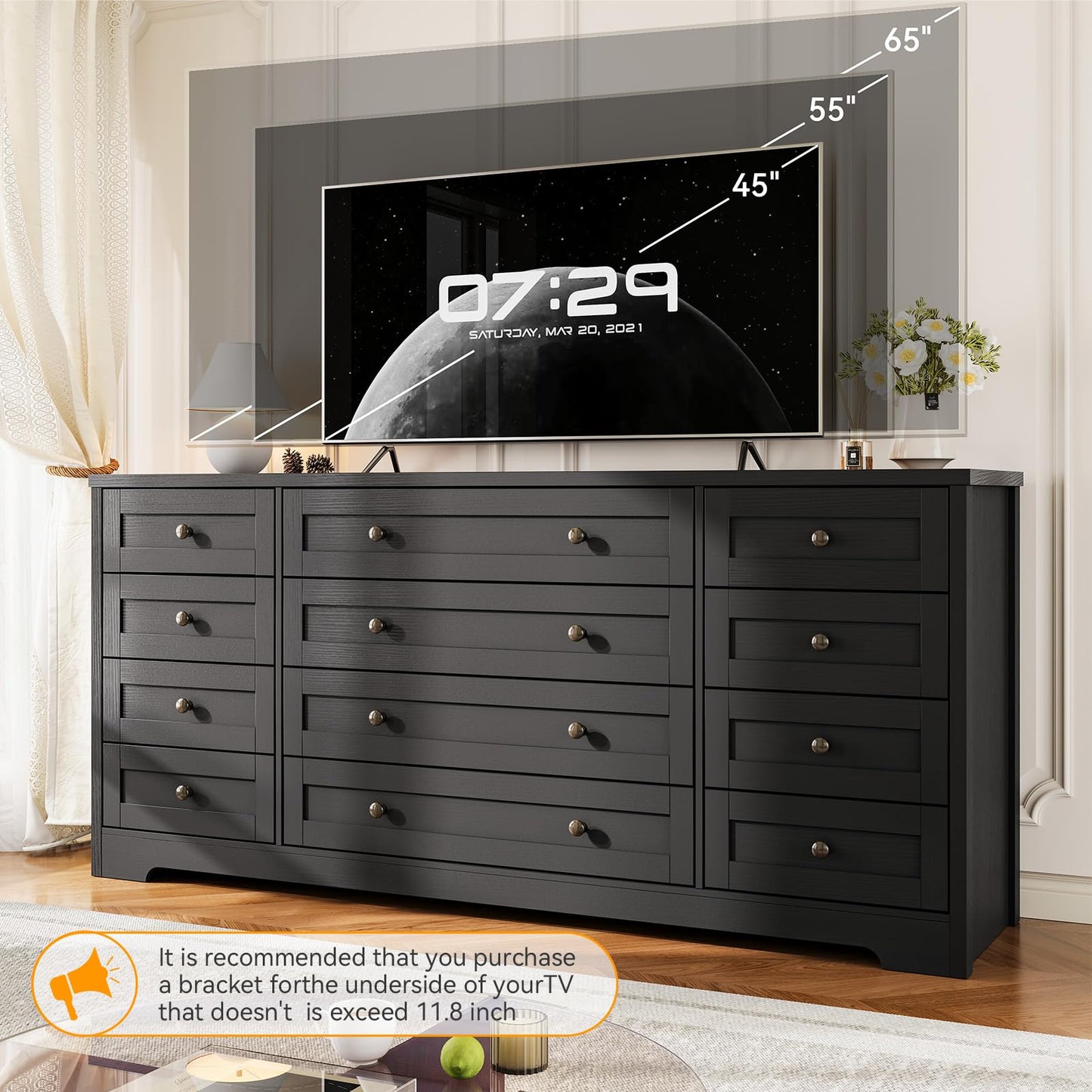 Garvee 12 Drawer Wooden Dressers for Bedroom, Black Dresser for Adult Bedroom, Modern Wood Chest of Drawers for Living Room, Closet, Entryway, Hallway, Farmhouse Wide TV Stand for 65 Inch TV