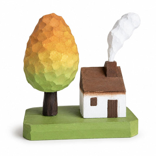 LUOZZY Handmade Wooden Fairy House Figurine Miniature Carved Cottage Statue Cute Gradient Tree Sculpture Tiny Model Home Office Desktop Decor Shelf Sitter Gift