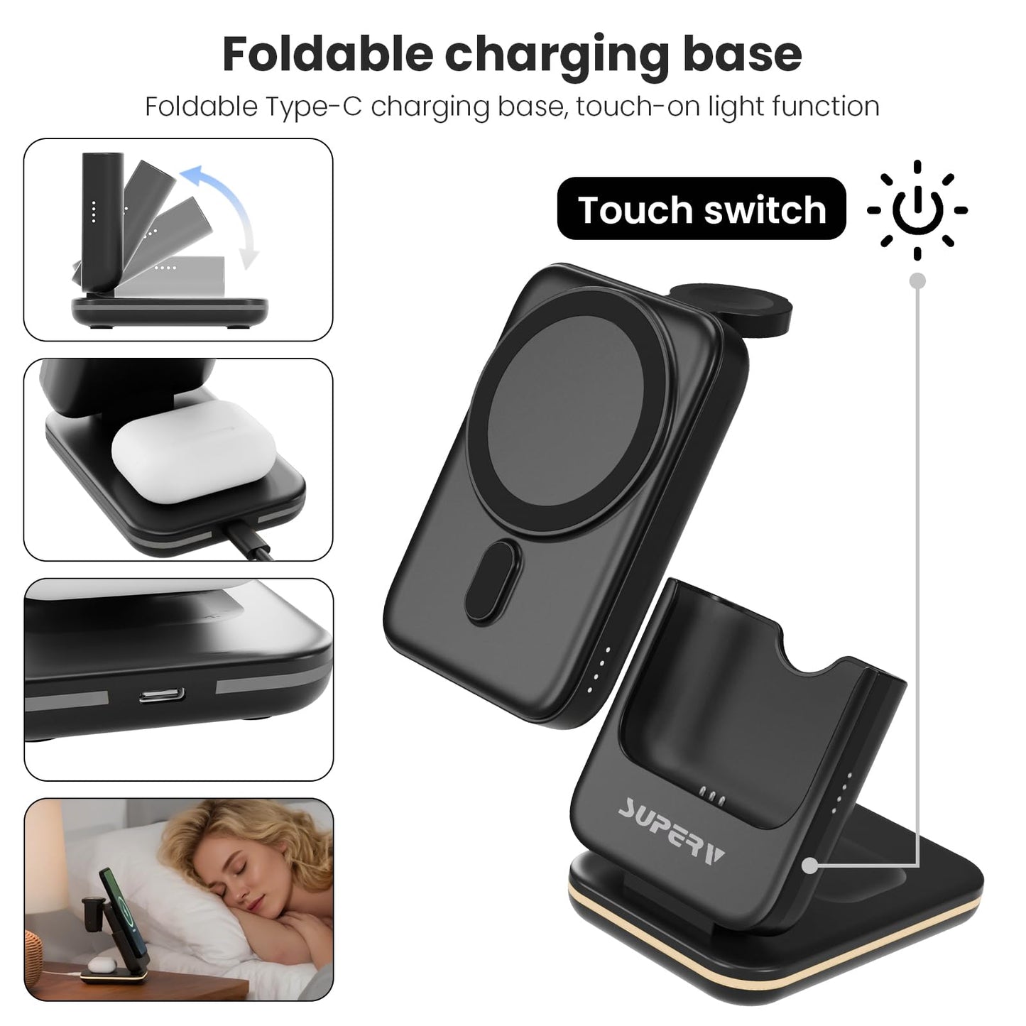 SUPERV 4 in 1 Wireless Charging Station: 5000mAh Removable Power Bank Foldable Charging Stand - Portable Magnetic Battery Pack for iPhone 17/16/15/14/13/12 Series and Apple Watch/AirPods (Black)